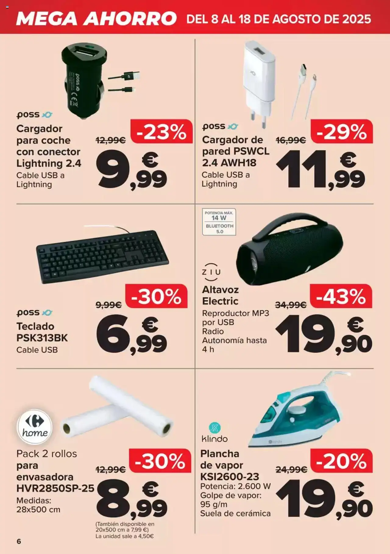 Carrefour Mega Ahorro │ válido desde el 08.08.2025 | Página: 6 | Productos: Radio, Cable, Altavoz, USB