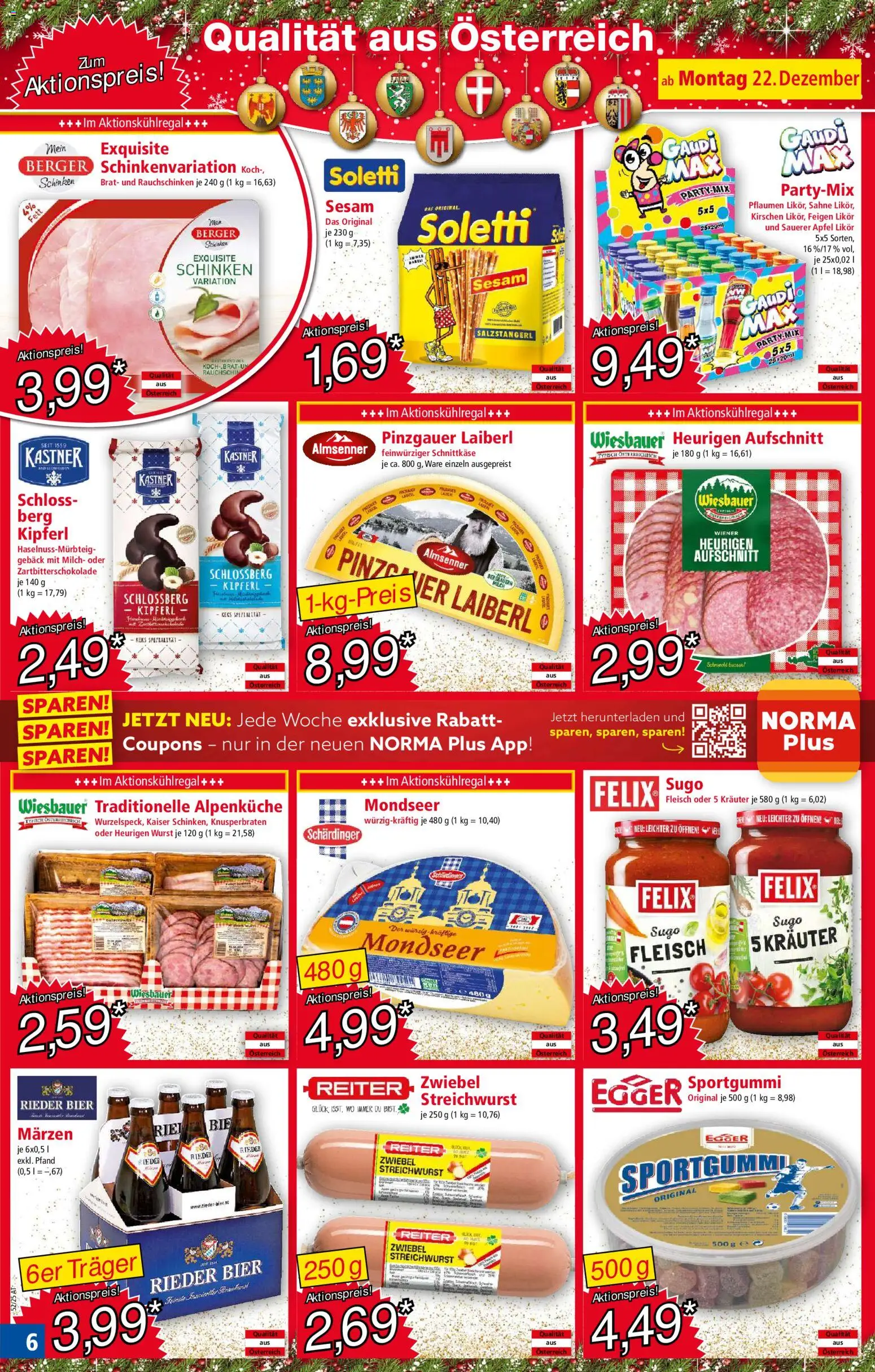 Norma Flugblatt gültig ab 22.12.2025 | Seite: 6 | Produkte: Sahne, Schinken, Bier, Äpfel