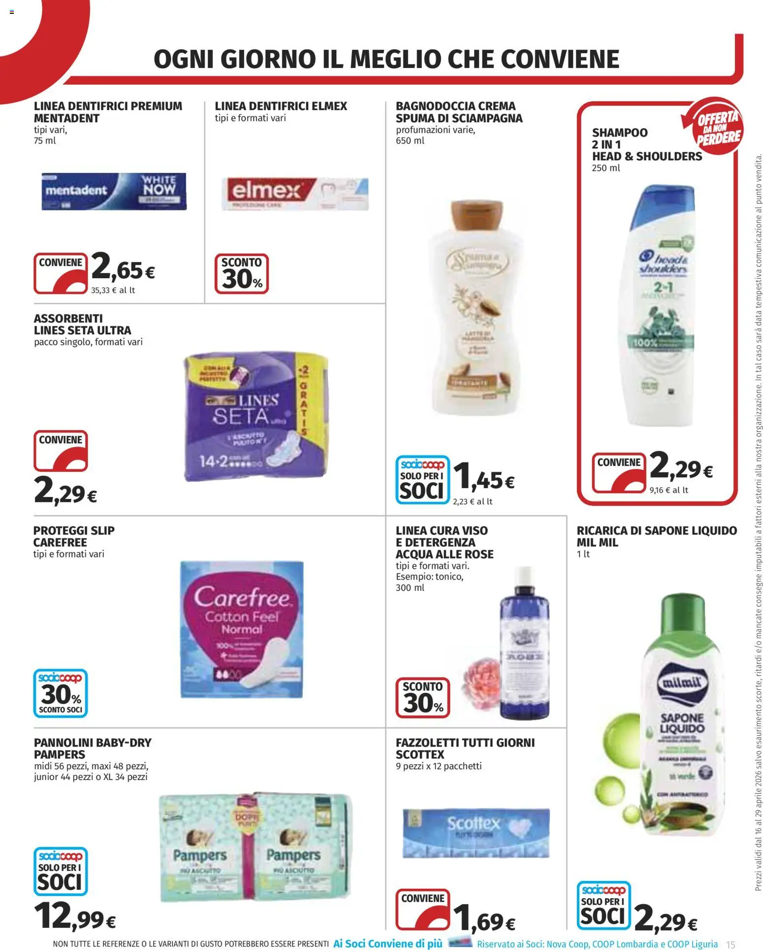 Volantino COOP del 16.04.2026 | Pagina: 15 | Prodotti: Pannolini, Proteggi slip, Fazzoletti, Acqua