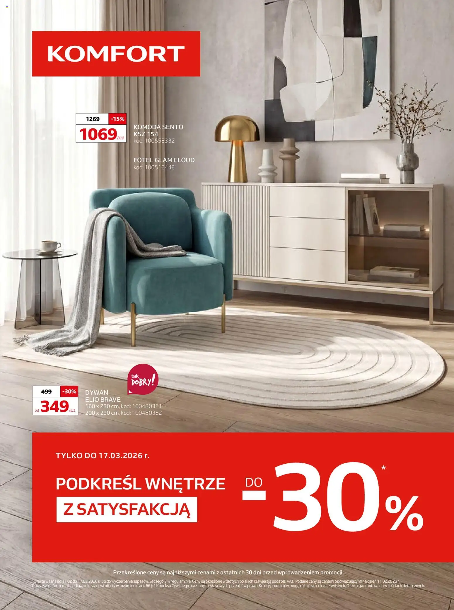 Komfort Gazetka od 11.02.2026 | Strona: 1 | Produkty: Komoda, Fotel, Dywan