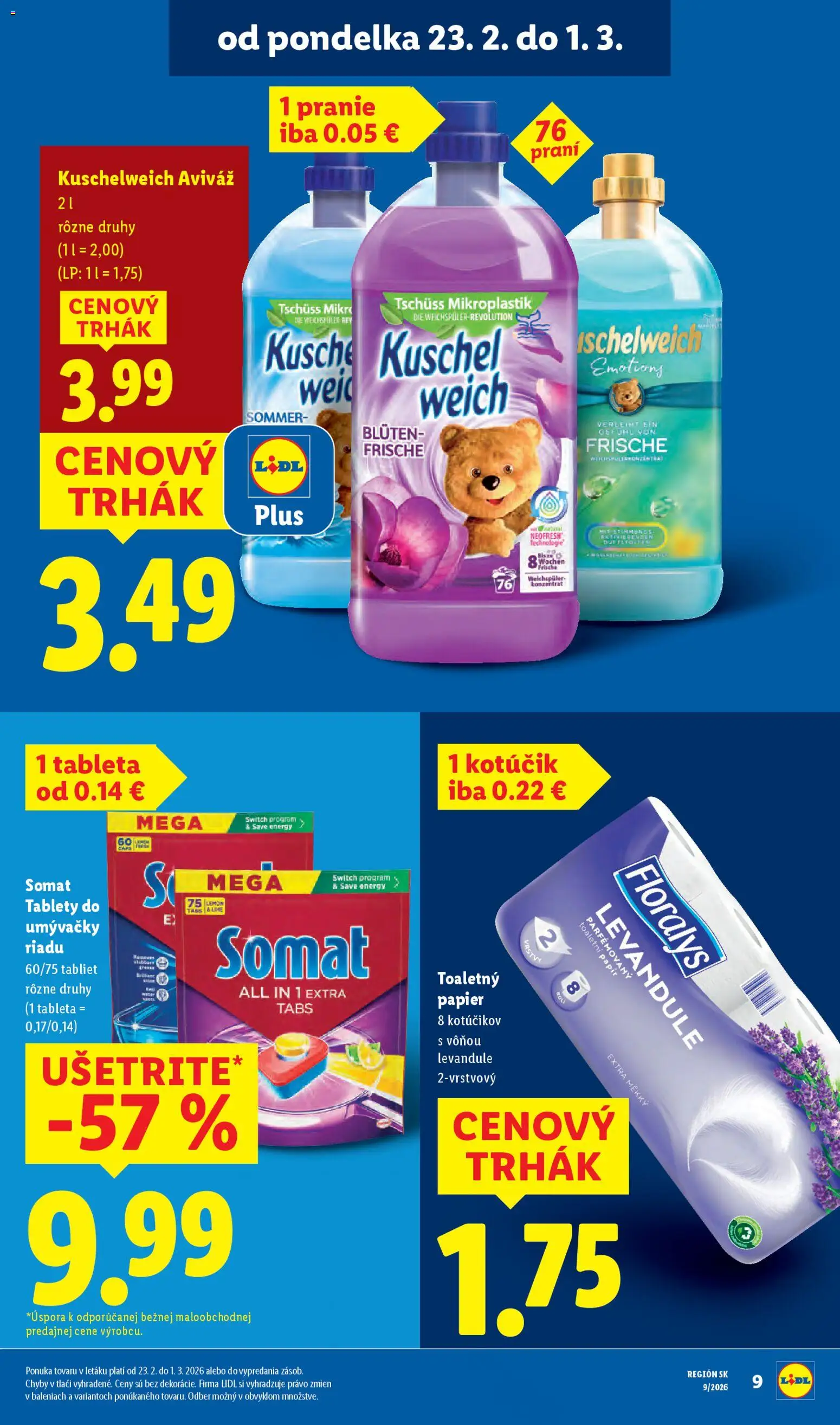 Nové Lidl akcie – leták je platný od 26.02.2026 | Strana: 9 | Produkty: Toaletný papier, Aviváž, Tablety do umývačky riadu