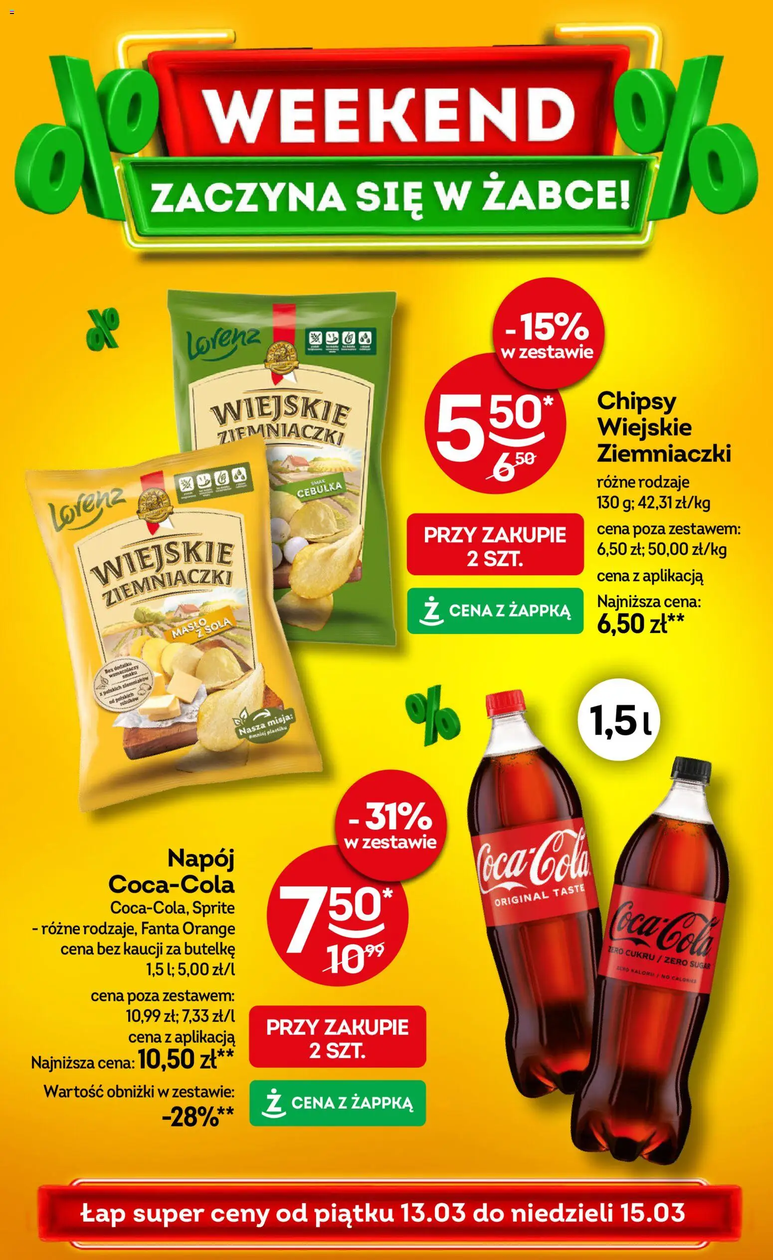 Żabka gazetka - Weekendowe promocje od 13.03.2026 | Strona: 1 | Produkty: Chipsy, Sprite, Ziemniaczki, Masło