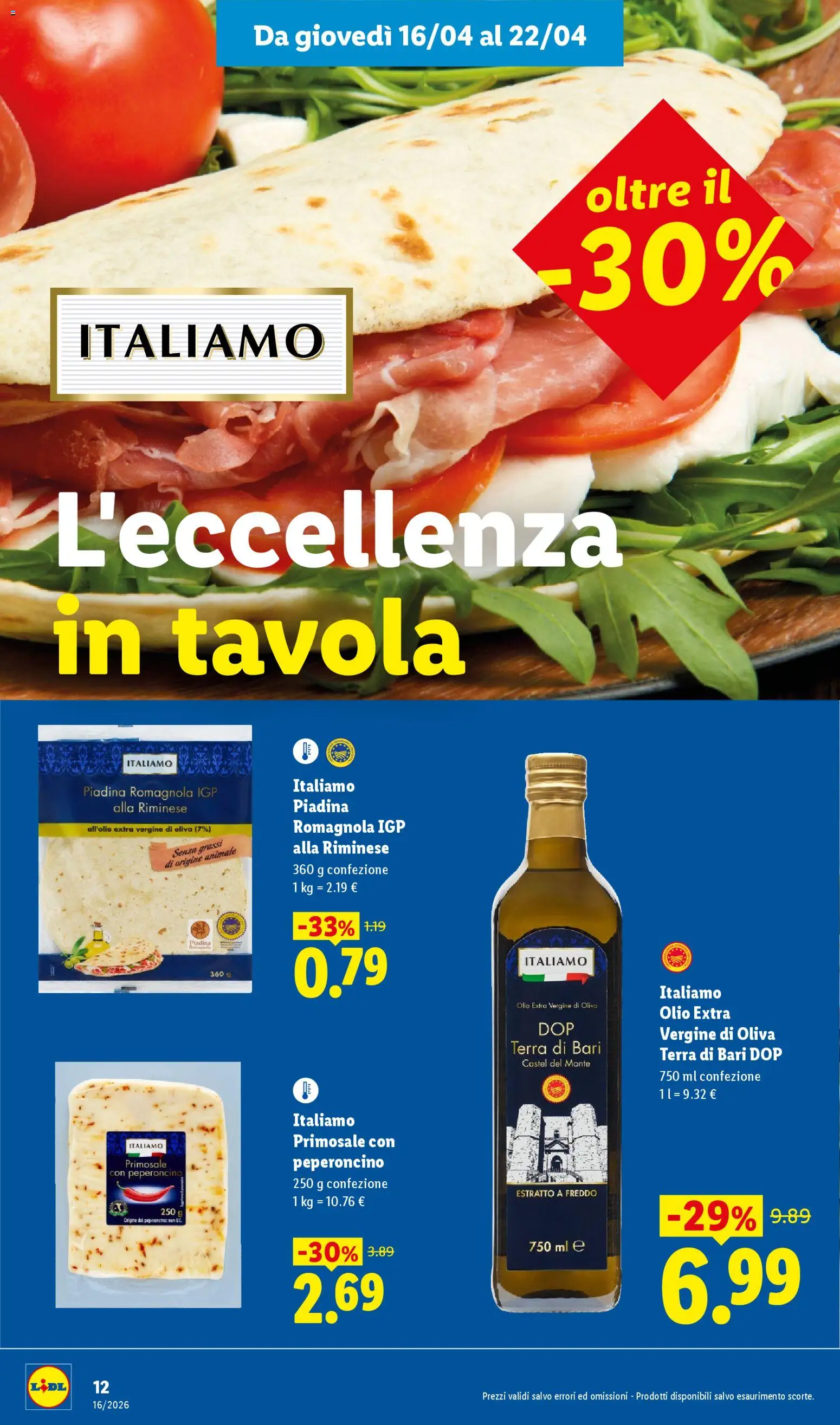 Volantino Lidl del 16.04.2026 | Pagina: 12 | Prodotti: Olive, Piadina, Olio extra vergine, Terra