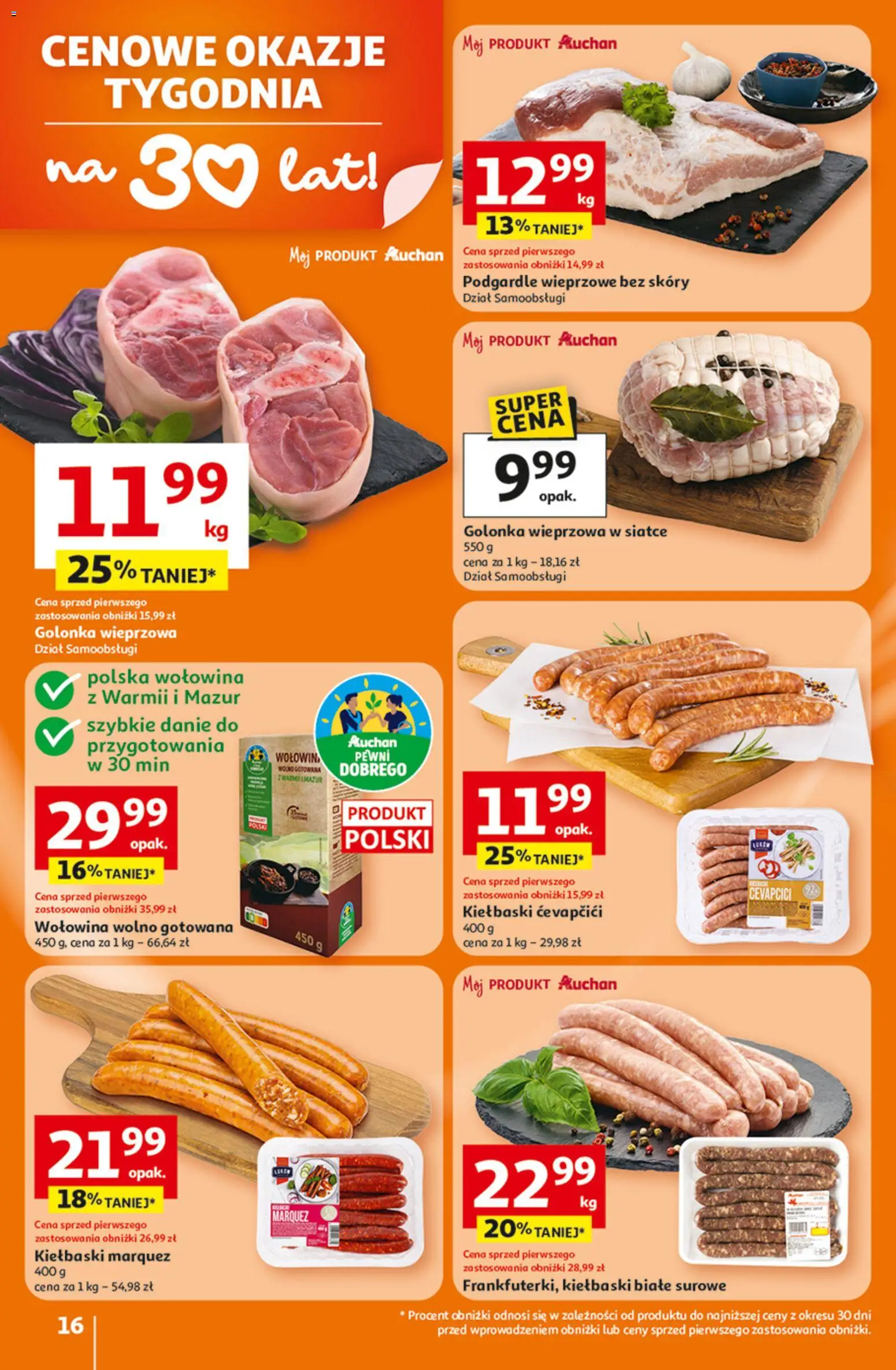 Auchan Gazetka - 30 Lat Hipermarket od 26.02.2026 | Strona: 16 | Produkty: Golonka wieprzowa, Kiełbaski, Wołowina