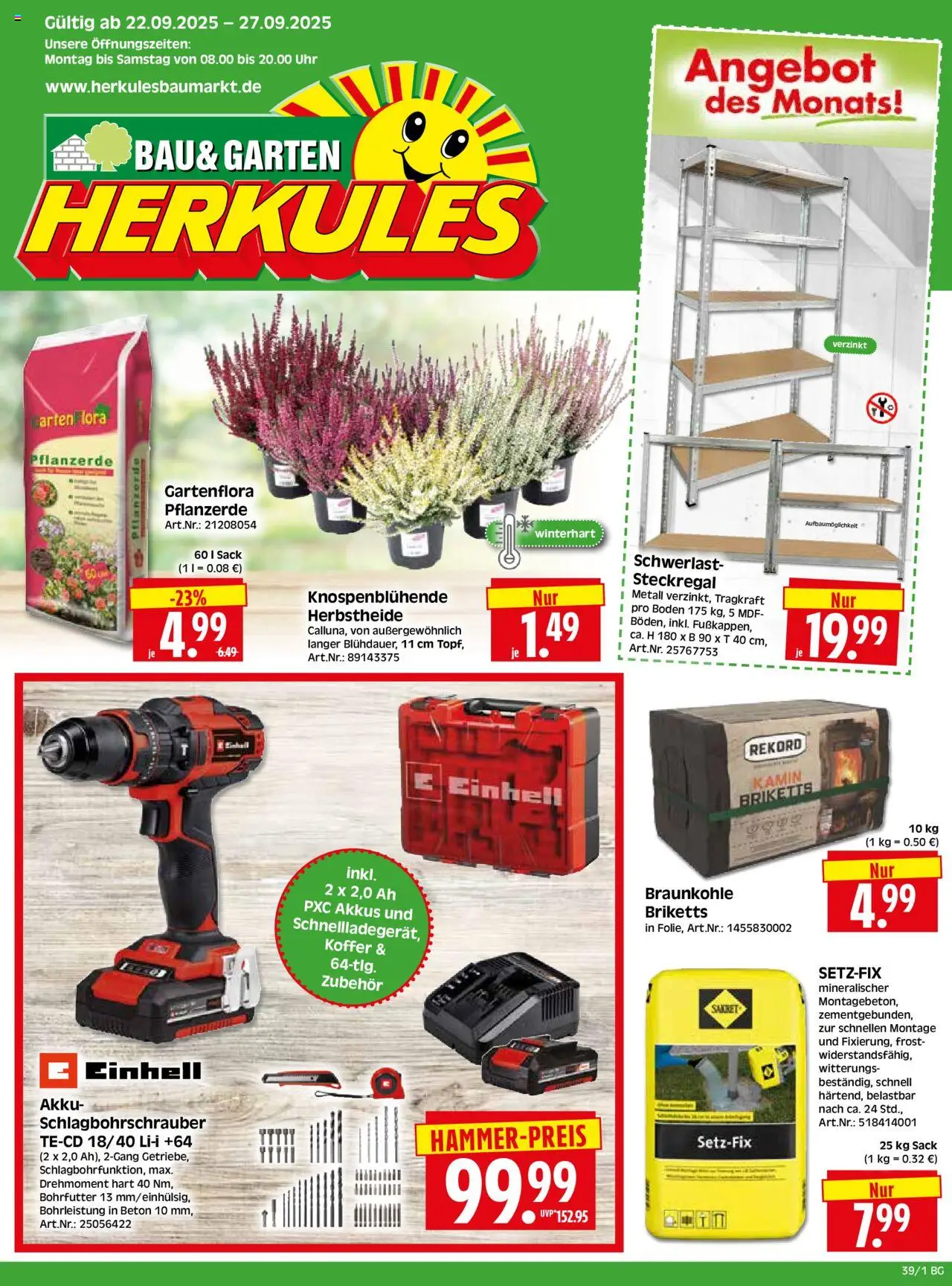 HERKULES Bau & Garten – gültig ab 22.09.2025 | Seite: 1 | Produkte: Pflanzerde, Kamin, Koffer, Uhr