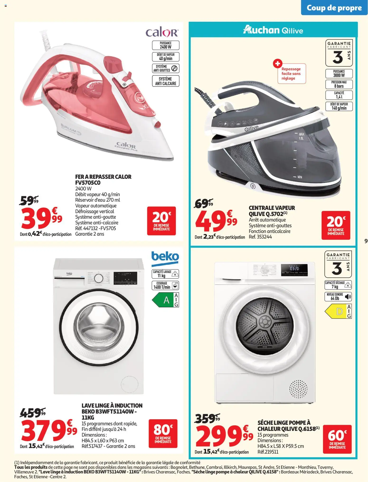 {H1} | Page: 9 | Produits: Lave linge, Fer à repasser, Centrale vapeur, Réservoir d'eau