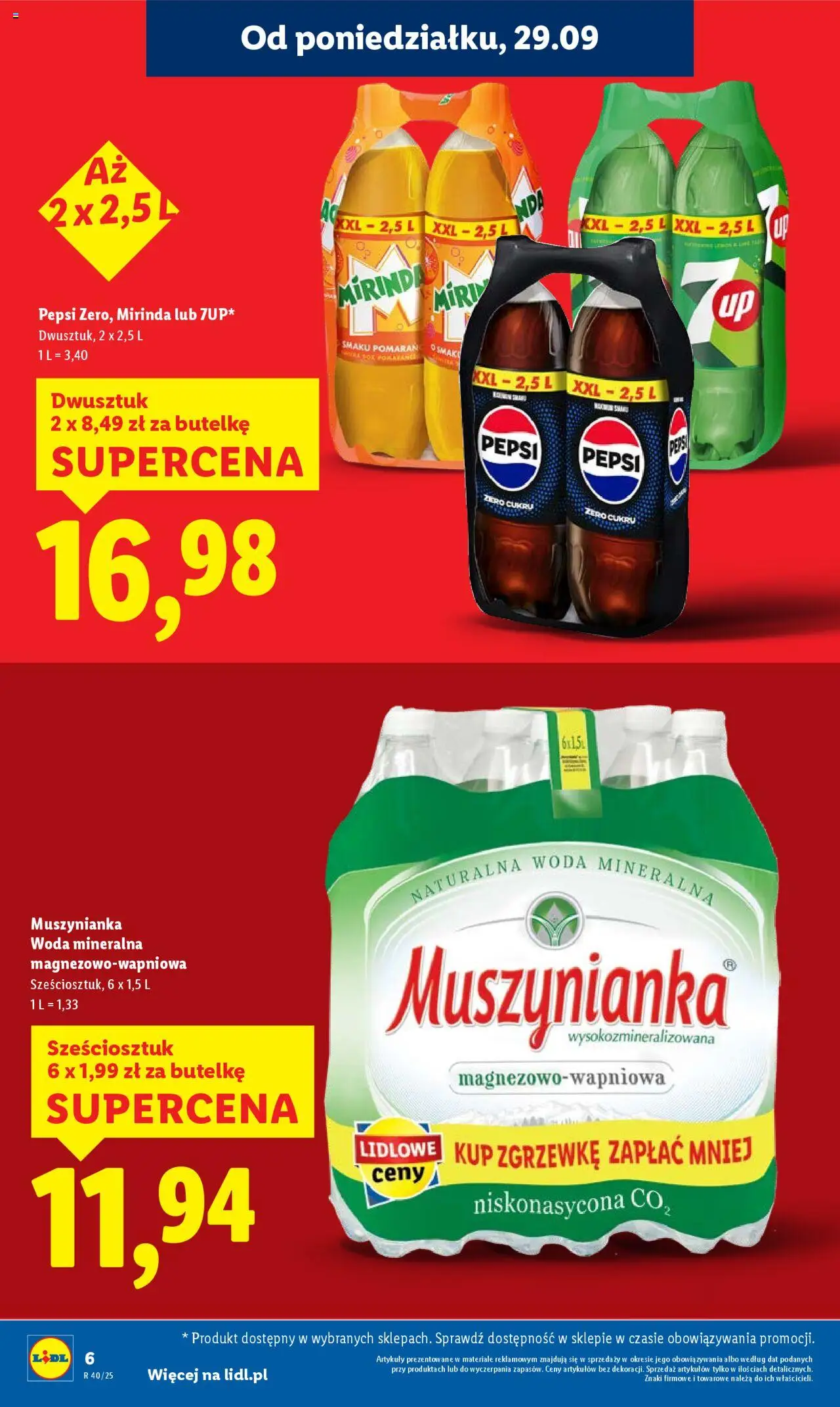 Lidl Gazetka od 29.09.2025 | Strona: 6 | Produkty: Pepsi, Muszynianka, Woda