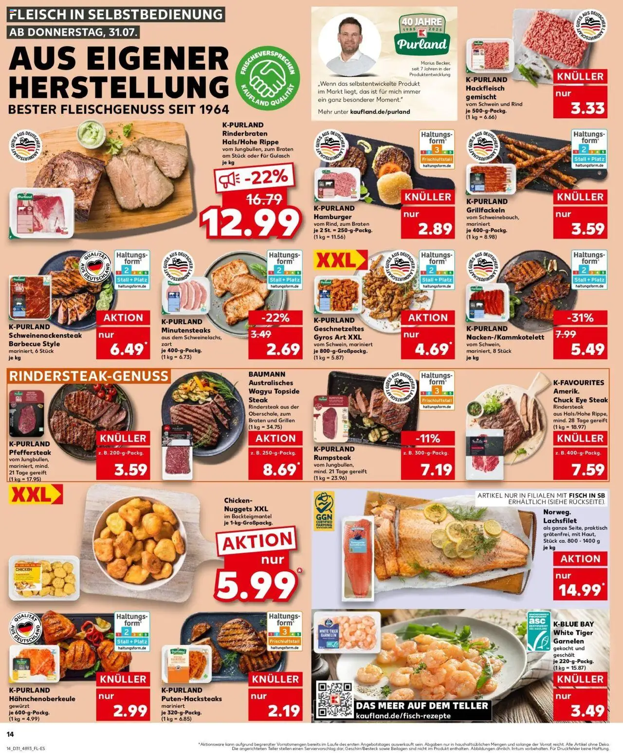 Kaufland prospekt Dippoldiswalde	 - gültig ab dem 31.07.2025 | Seite: 14 | Produkte: Rinderbraten, Tiger garnelen, Steak, Fleisch