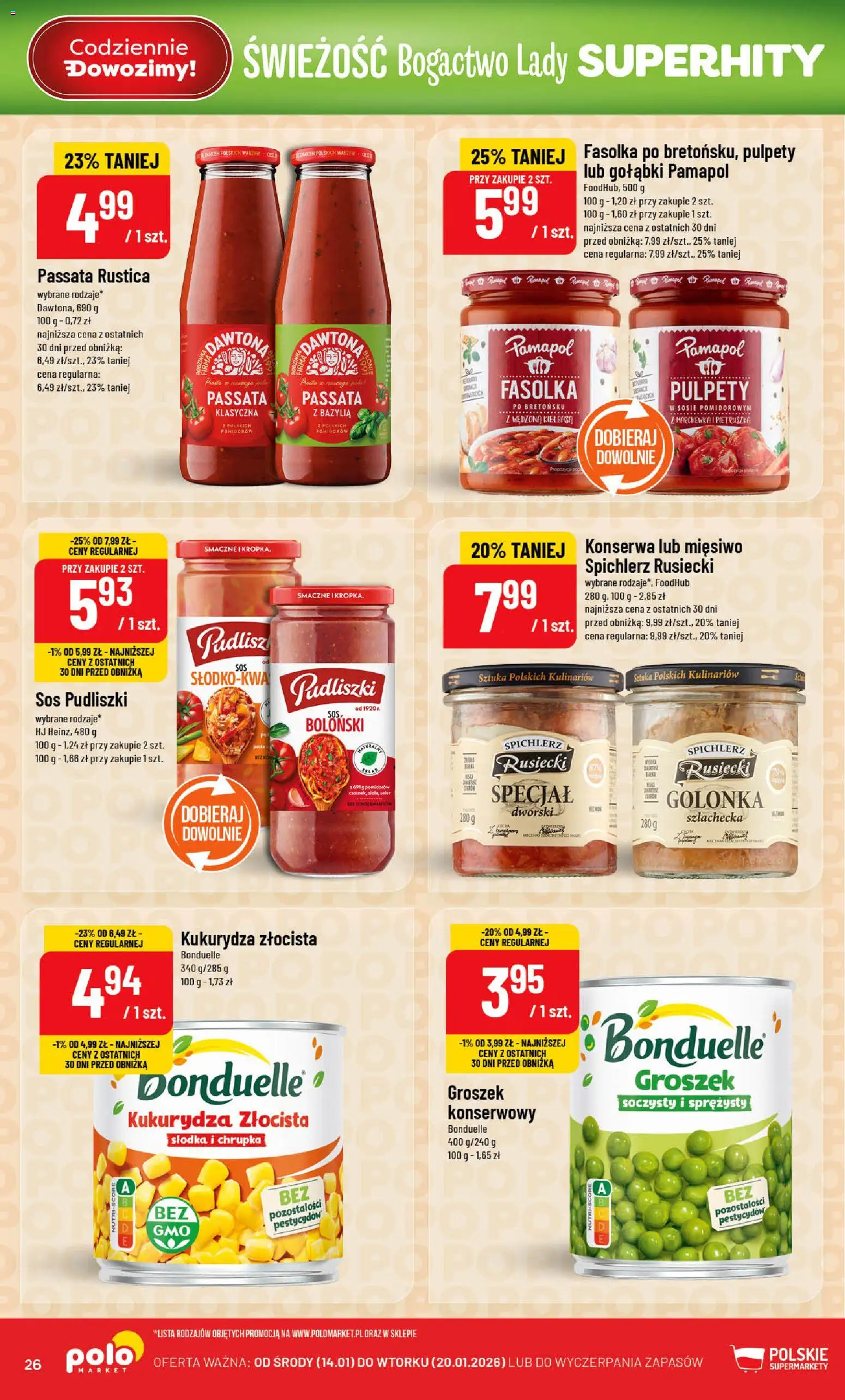 POLOmarket Gazetka od 14.01.2026 | Strona: 26 | Produkty: Kiełbasa, Kukurydza, Marchewka, Sos