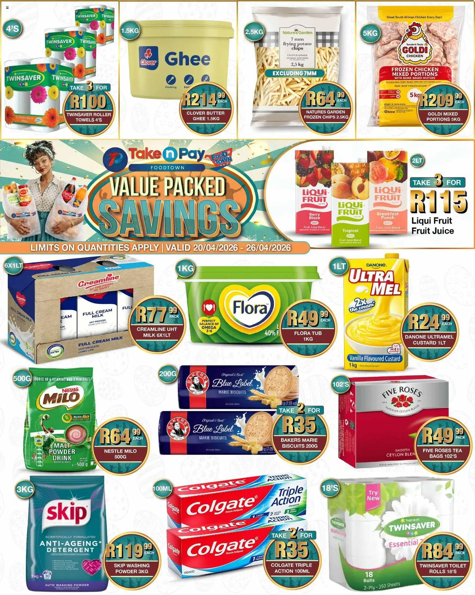 New Take n Pay catalogue – valid from 20.04.2026 | Page: 1 | Products: Toilet, Butter, Powder, Fruit