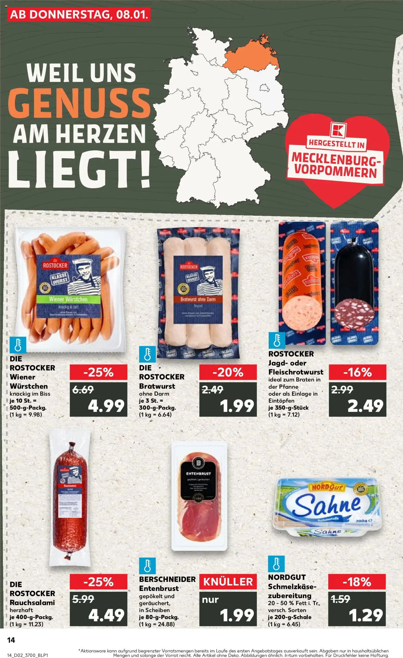 Kaufland prospekt Rostock	 – gültig ab 08.01.2026 | Seite: 14 | Produkte: Wiener wurstchen, Bratwurst, Salami, Sahne