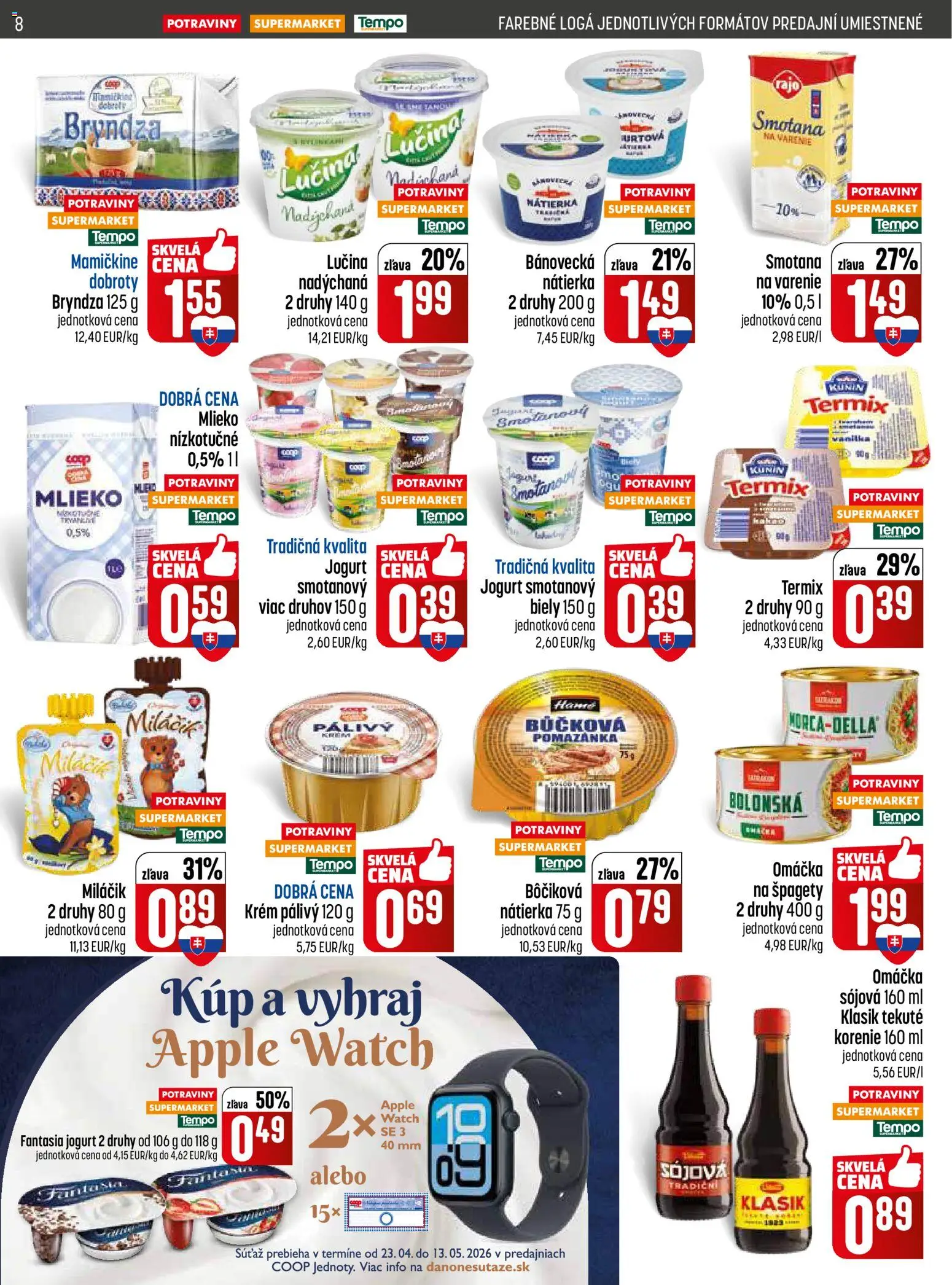 Nové COOP Jednota akcie – leták je platný od 23.04.2026 | Strana: 8 | Produkty: Watch, Smotana, Bryndza, Korenie