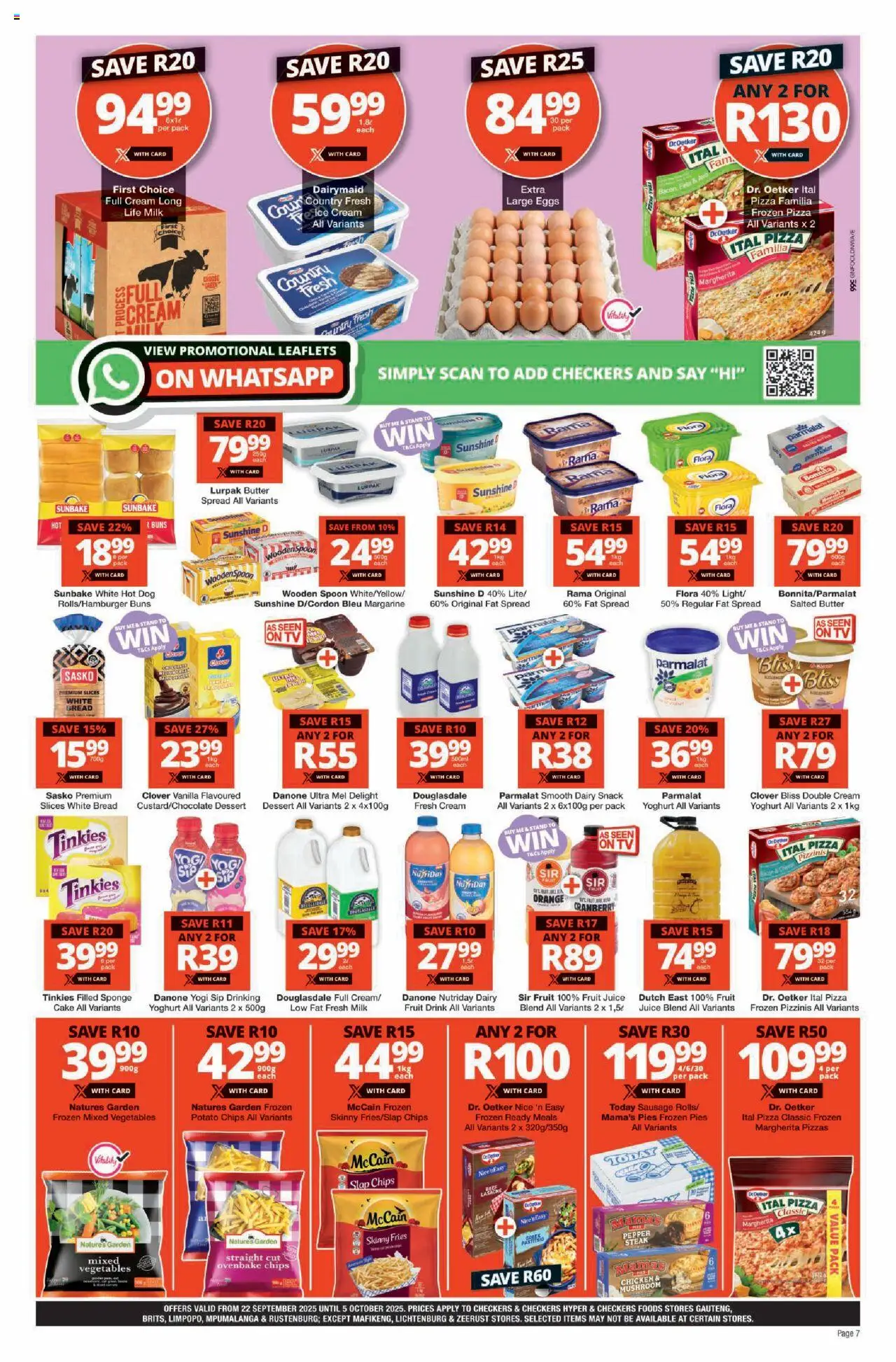 New Checkers catalogue – valid from 22.09.2025 | Page: 7 | Products: Milk, Eggs, Pizza, Chips