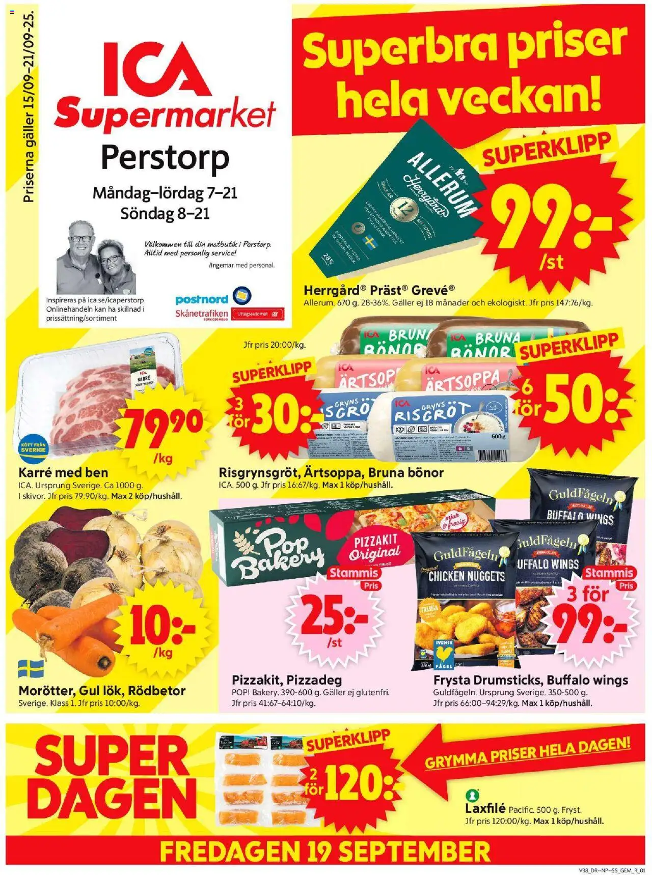 ICA Supermarket reklamblad aktuell från 15.09.2025 | Sida: 1 | Produkter: Galler, Pizzakit, Bönor
