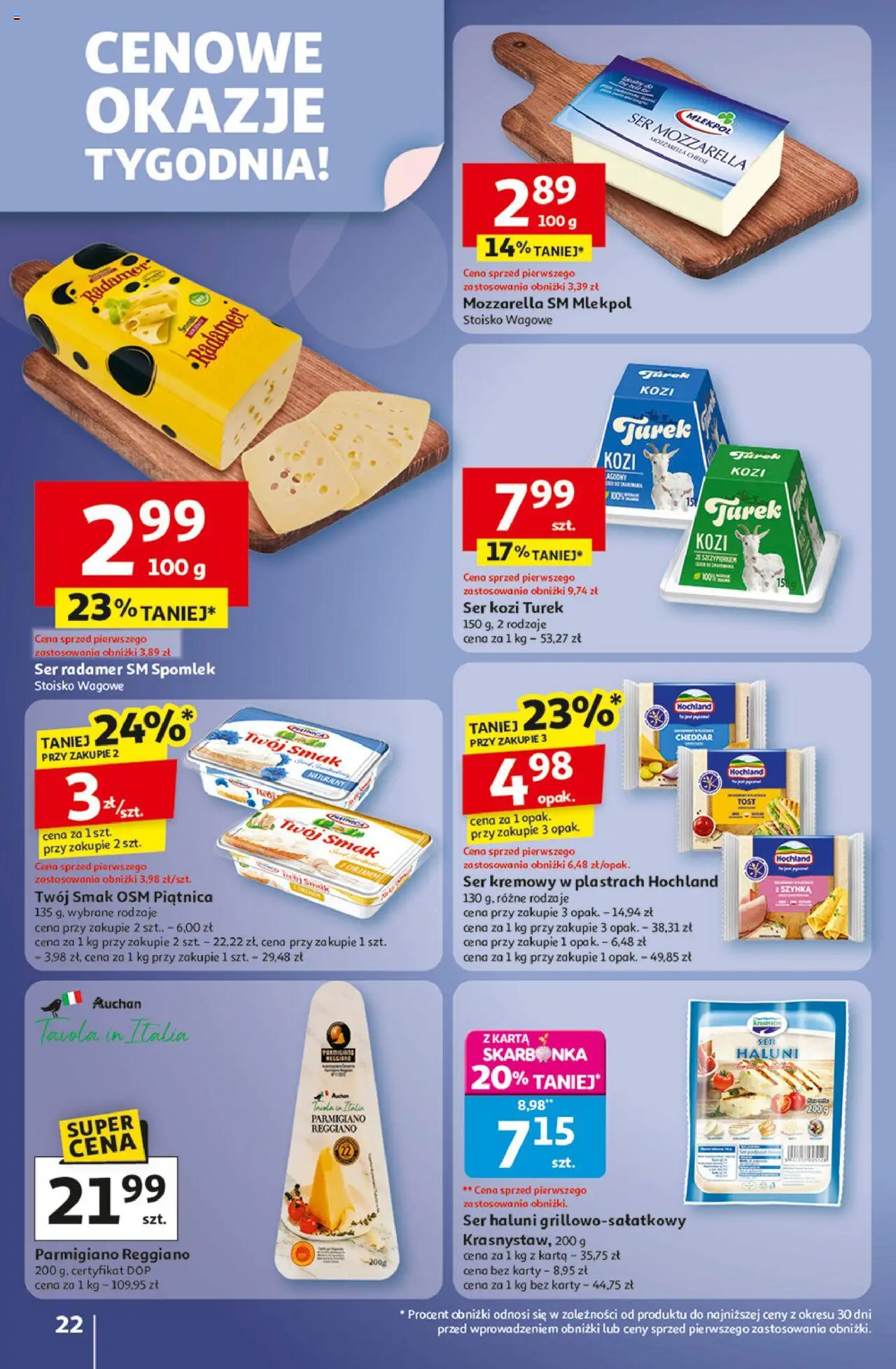 Auchan Gazetka - Wielkie przeboje cenowe Hipermarket od 02.10.2025 | Strona: 22 | Produkty: Karta, Ser kozi, Ser, Mozzarella