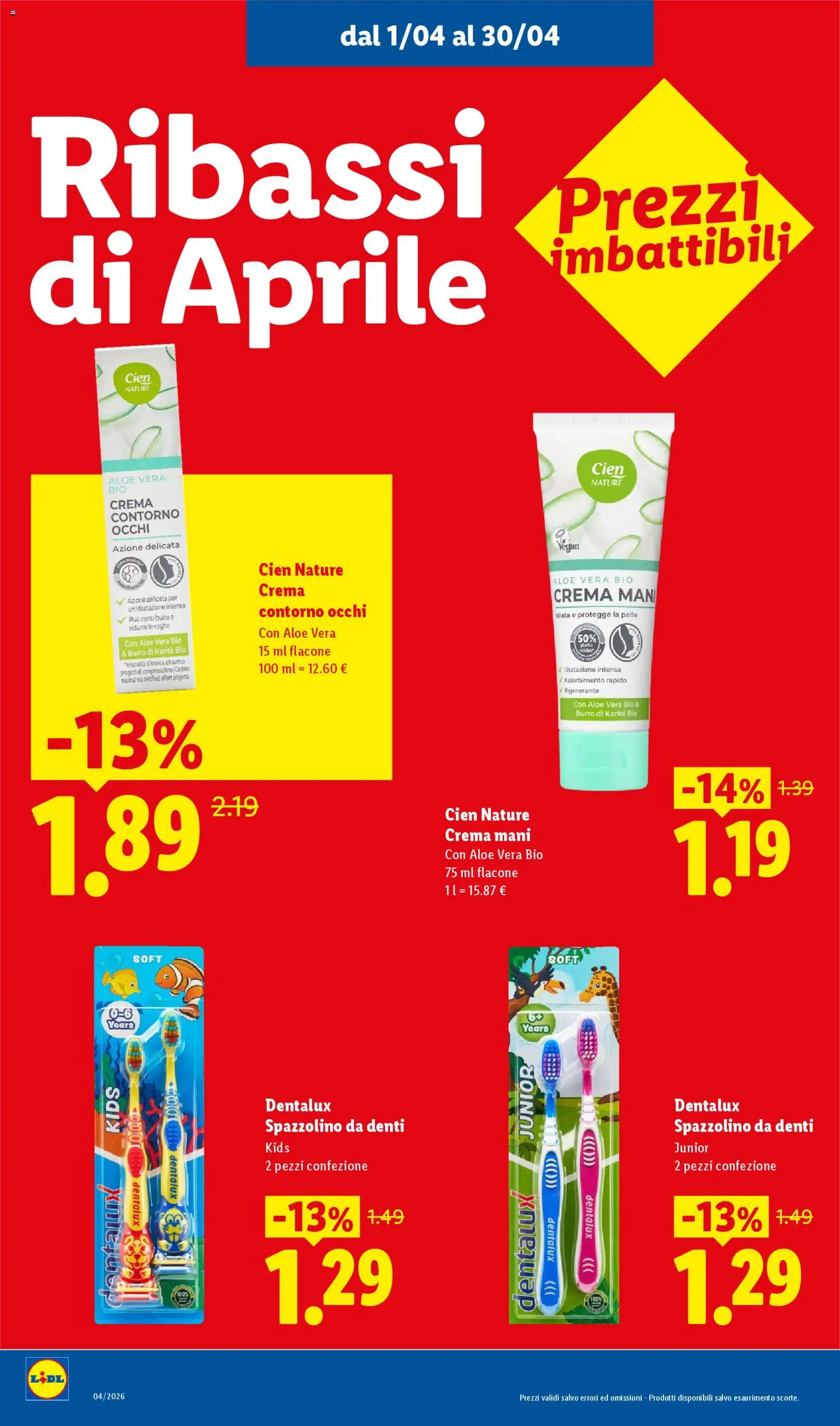 Volantino Lidl del 01.04.2026 | Pagina: 12 | Prodotti: Crema, Spazzolino, Burro, Aloe vera
