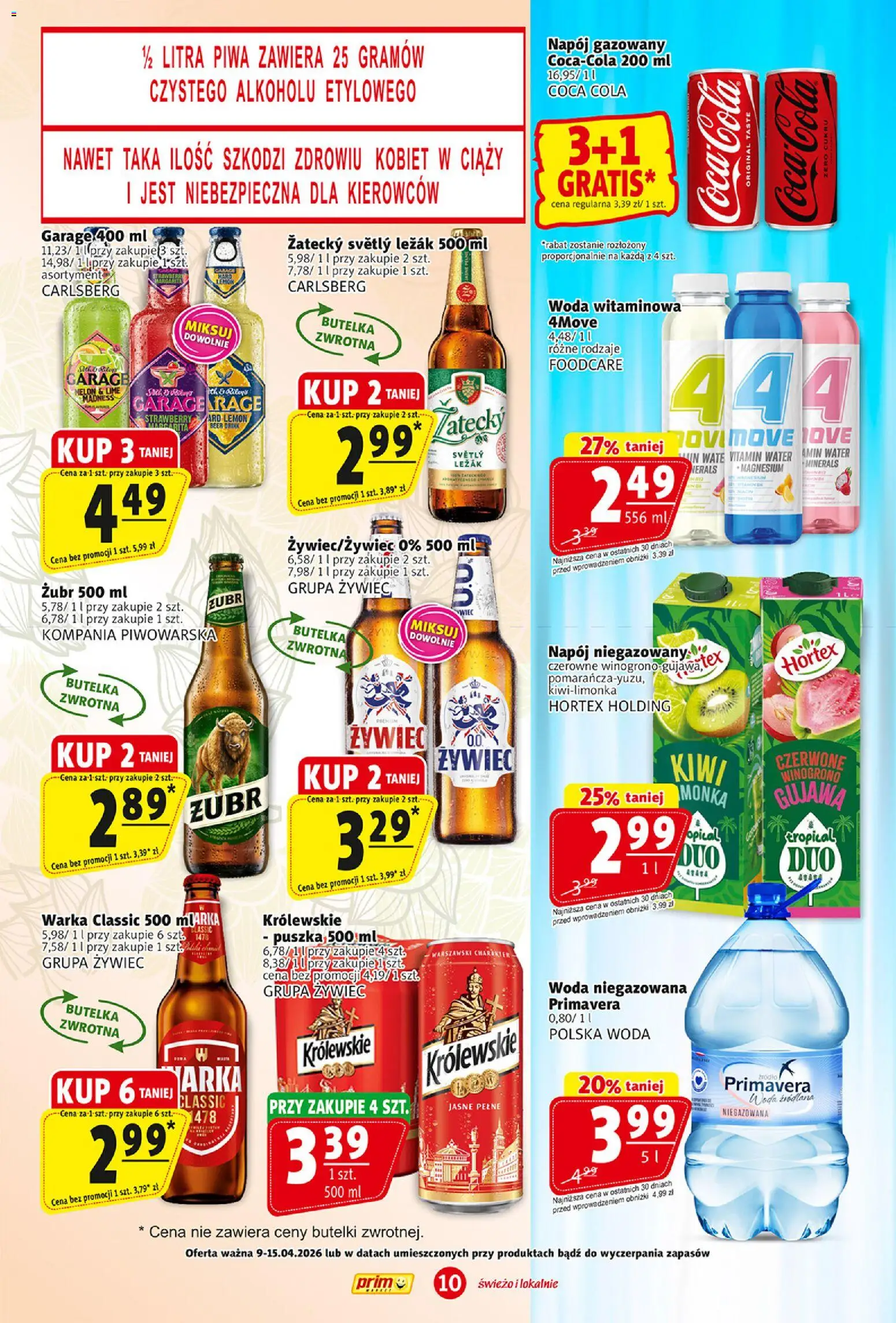 Prim Market gazetka od 09.04.2026 | Strona: 10 | Produkty: Woda źródlana, Leżak, Warka, Kiwi