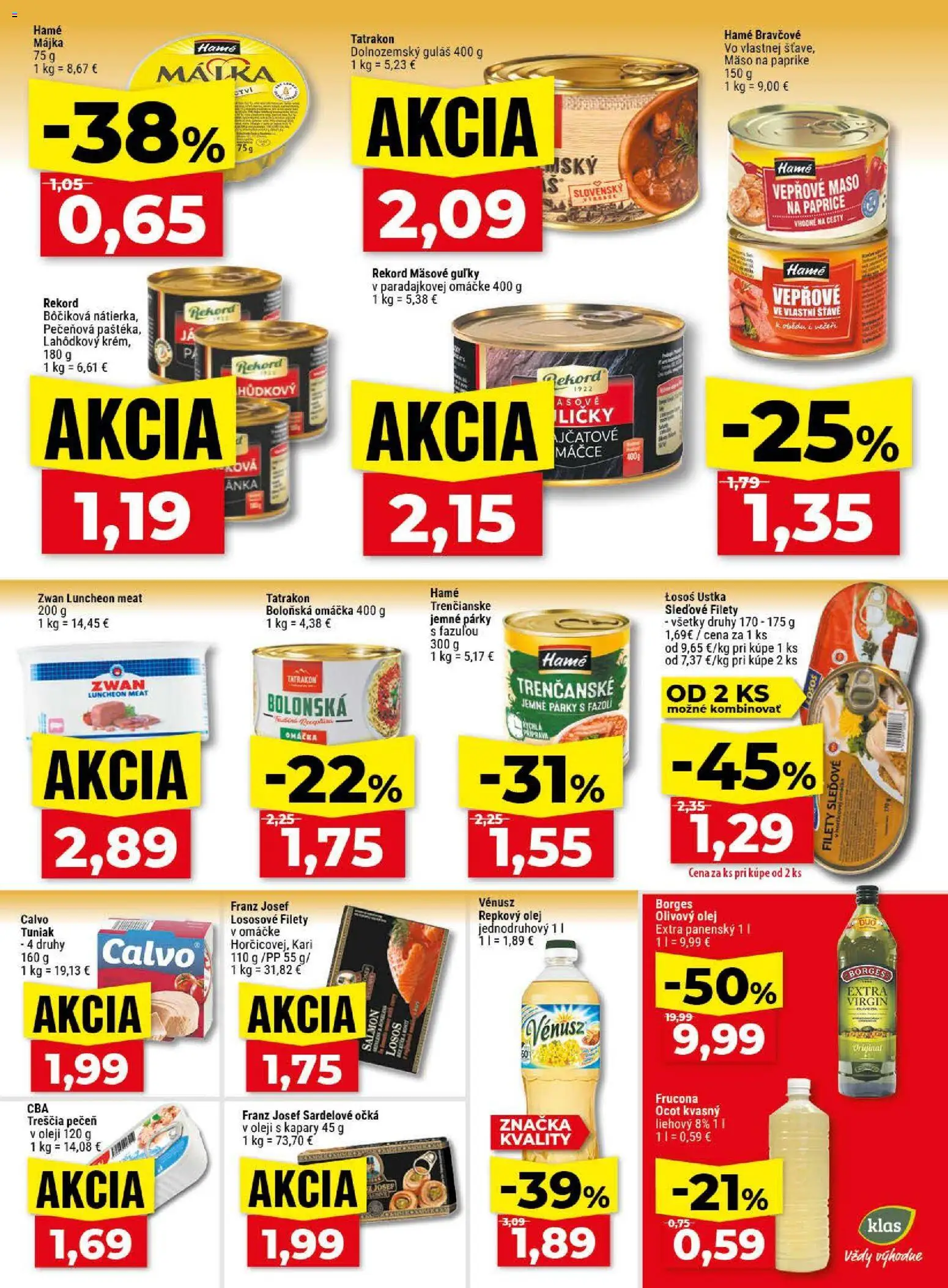 Nové Klas akcie – leták je platný od 20.04.2026 | Strana: 16 | Produkty: Tuniak, Repkový olej, Losos, Párky