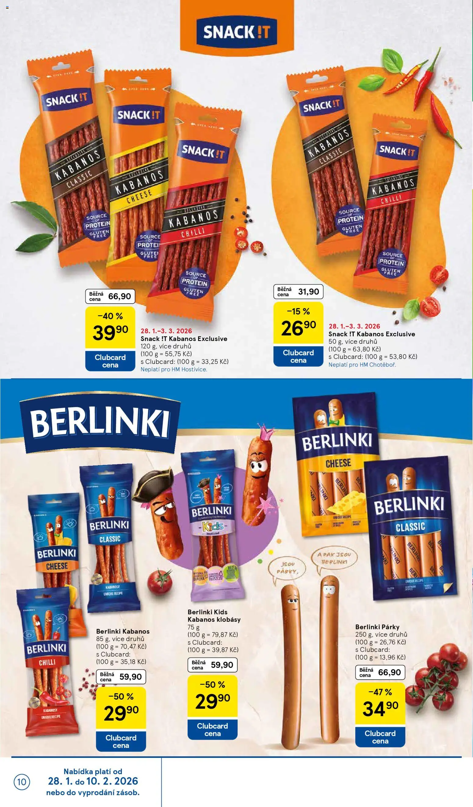 Tesco leták - Hypermarket od 28.01.2026 | Strana: 10 | Produkty: Párky, Klobásy, Kabanos, Protein