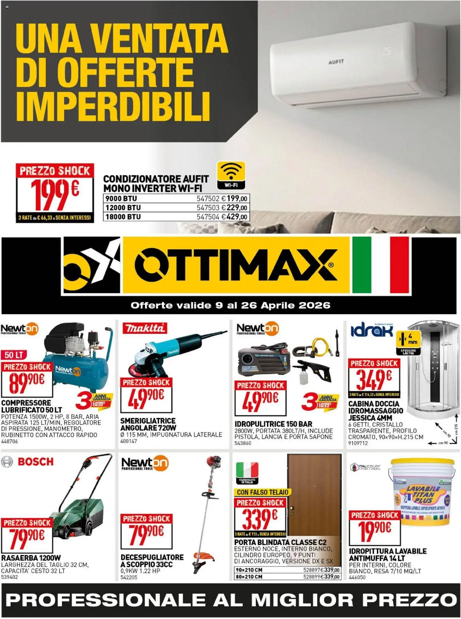 Volantino Ottimax del 09.04.2026 | Pagina: 1 | Prodotti: Compressore, Rasaerba, Smerigliatrice, Condizionatore