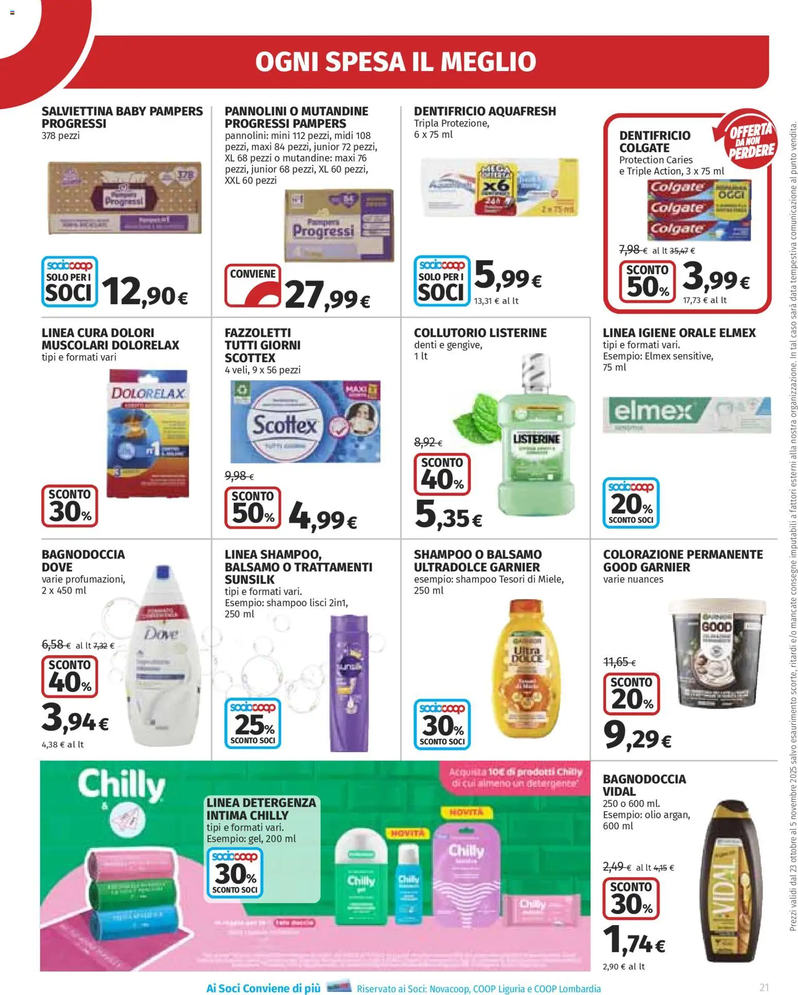Volantino Ipercoop del 23.10.2025 | Pagina: 21 | Prodotti: Collutorio, Fazzoletti, Olio, Pampers