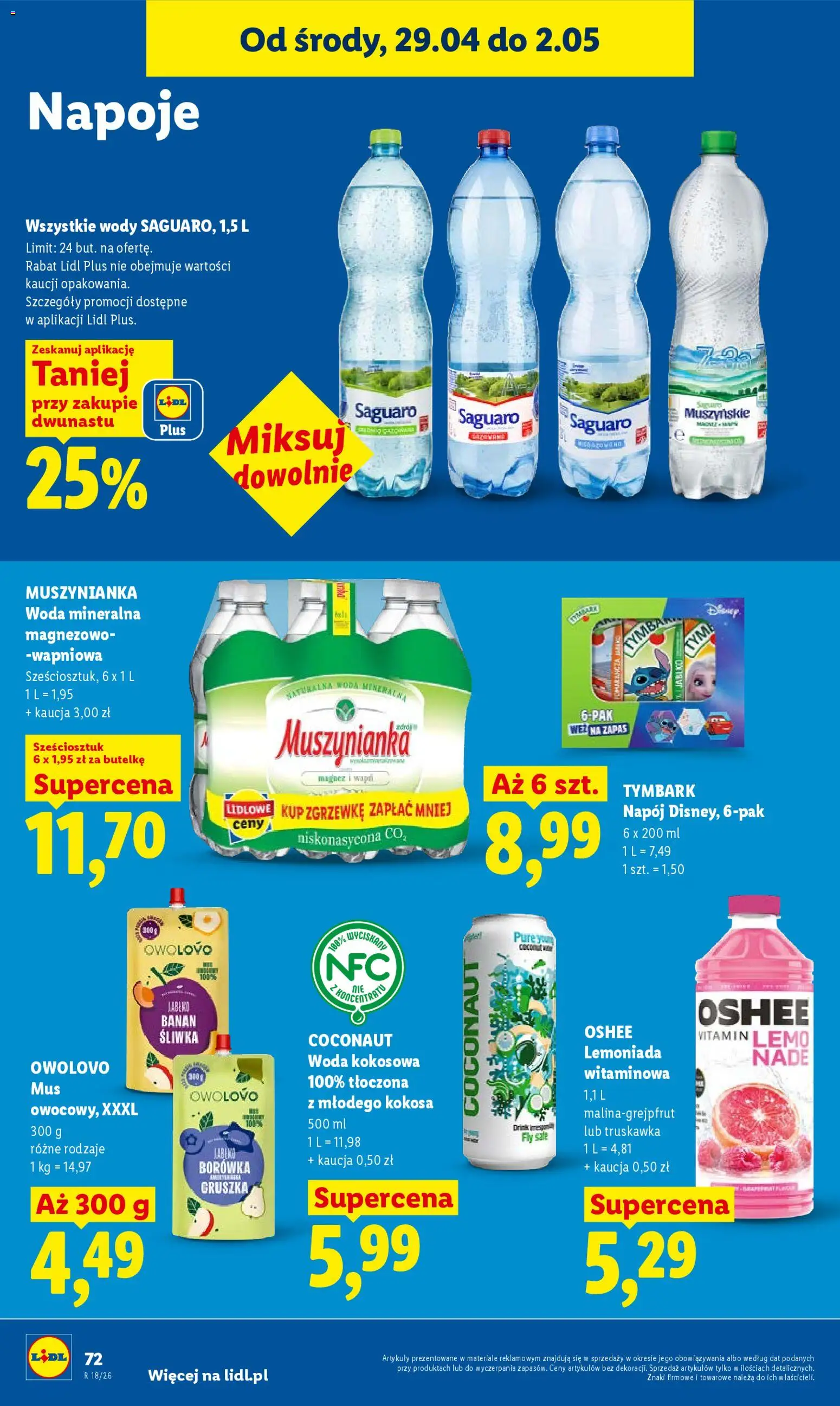 Lidl gazetka od 29.04.2026 | Strona: 72 | Produkty: Gruszka, Woda kokosowa, Napoje, Muszynianka