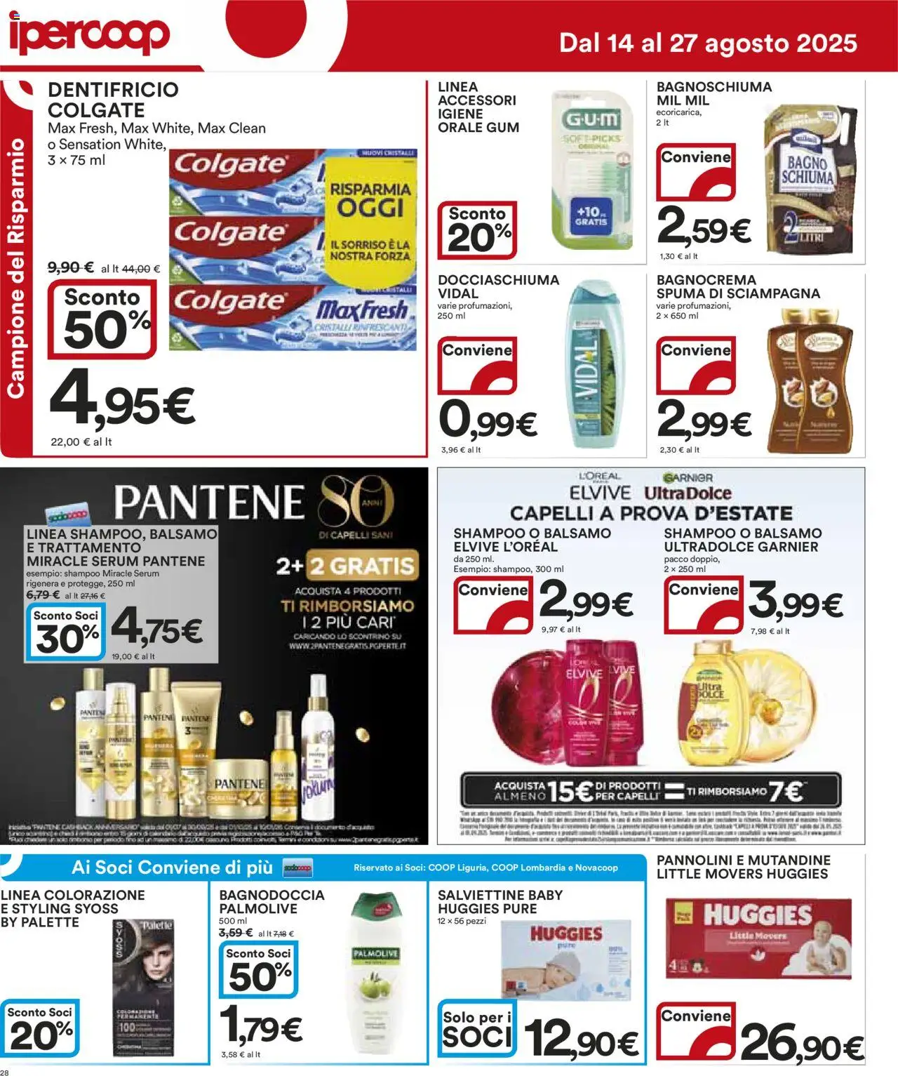Volantino Ipercoop del 14.08.2025 | Pagina: 28 | Prodotti: Shampoo, Pannolini, Bagnoschiuma, Bagno