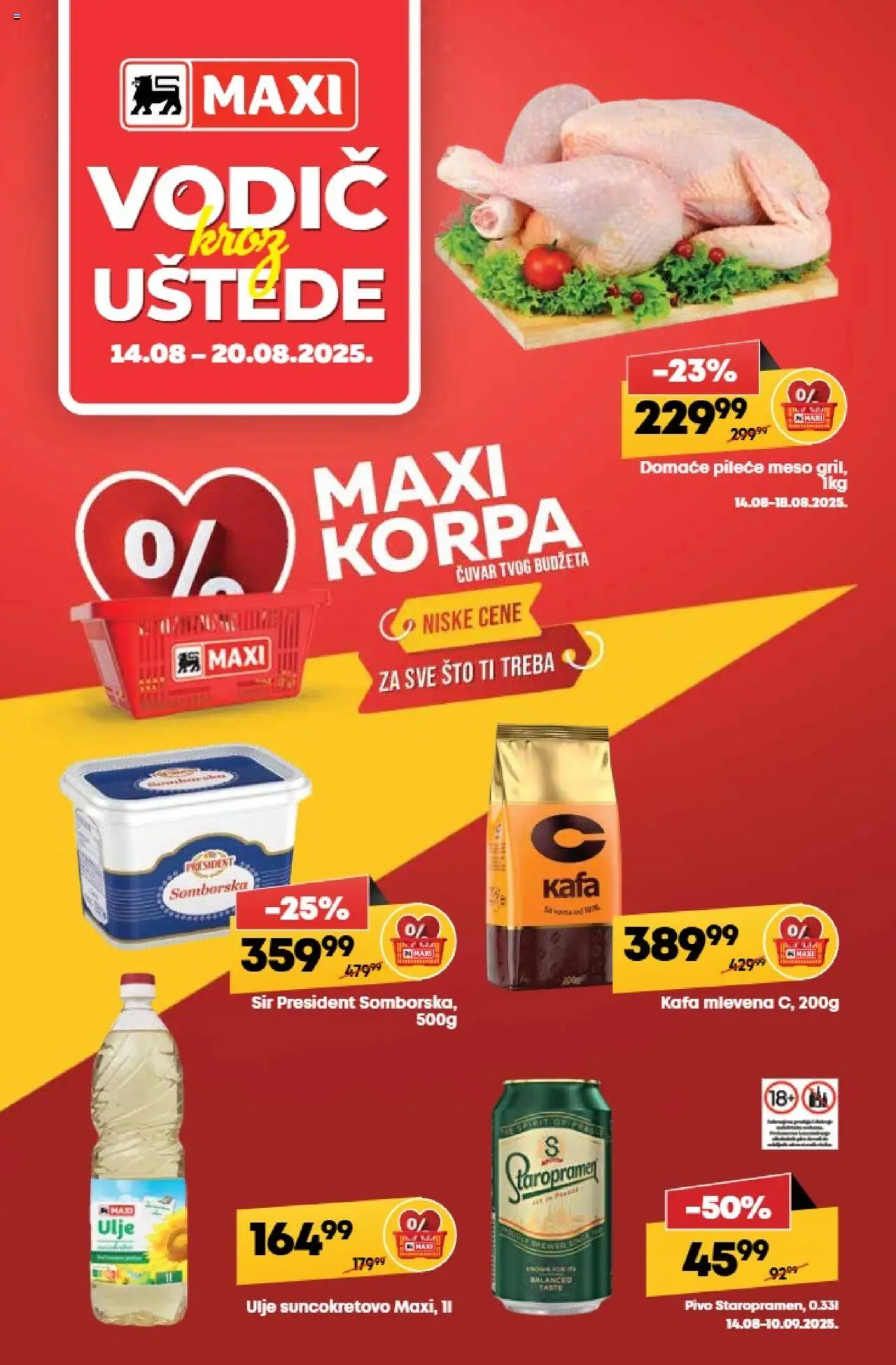 Maxi katalog - važi od 14.08.2025 | Strana: 1 | Proizvode: Sto, Pileće meso, Korpa, Sir