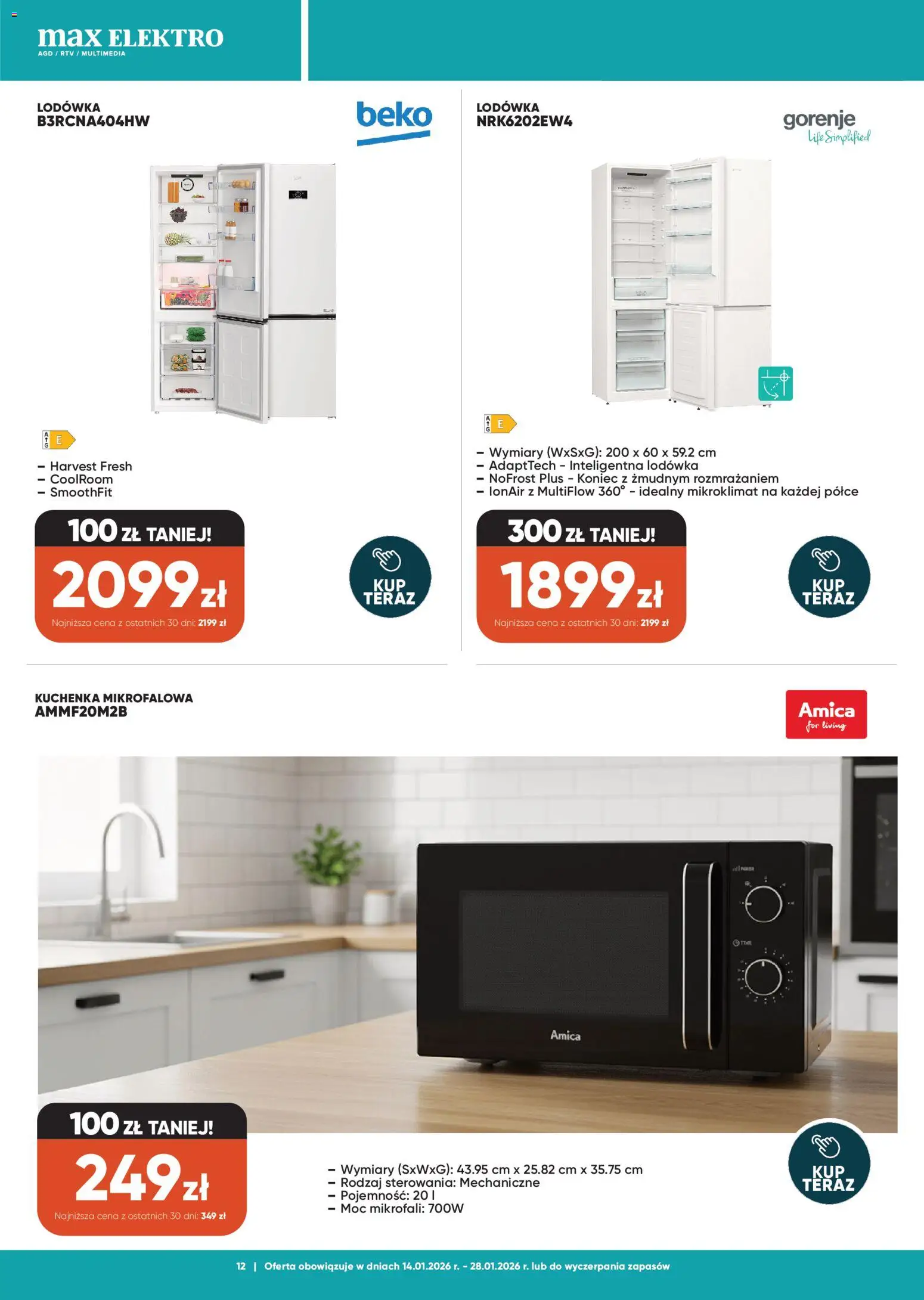 Max elektro Gazetka od 14.01.2026 | Strona: 12 | Produkty: Lodówka, Kuchenka mikrofalowa, Kuchenka