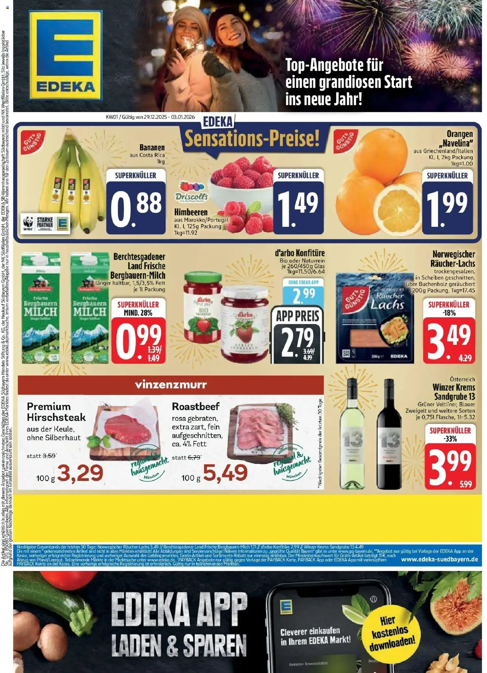 Edeka prospekt München	 – gültig ab 28.12.2025 | Seite: 3 | Produkte: Himbeeren, Milch, Bananen, Steak