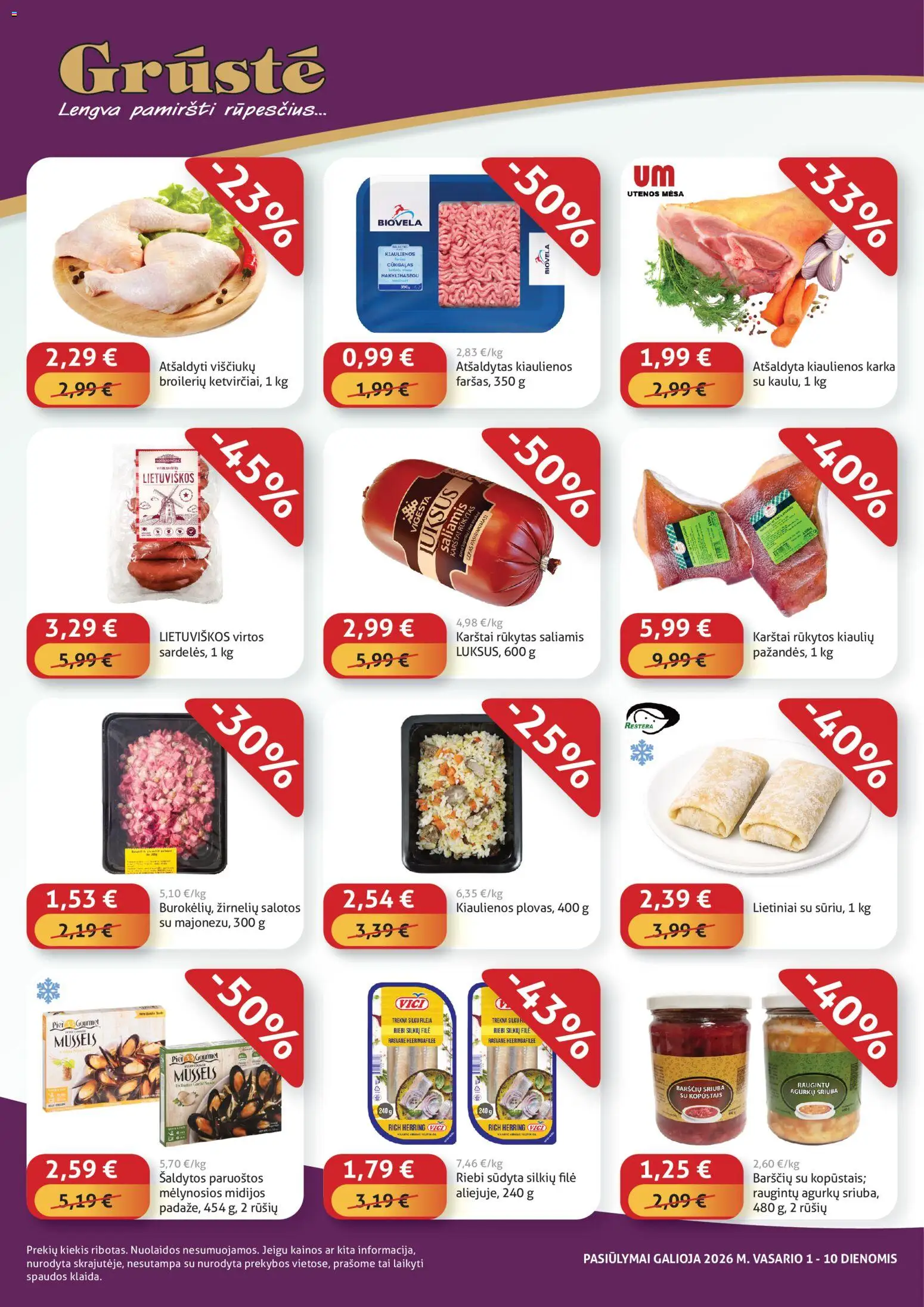 GRUSTE akcijos nuo 01.02.2026 | Puslapis: 2 | Prekių: Salotos, Kiaulienos, Saliamis
