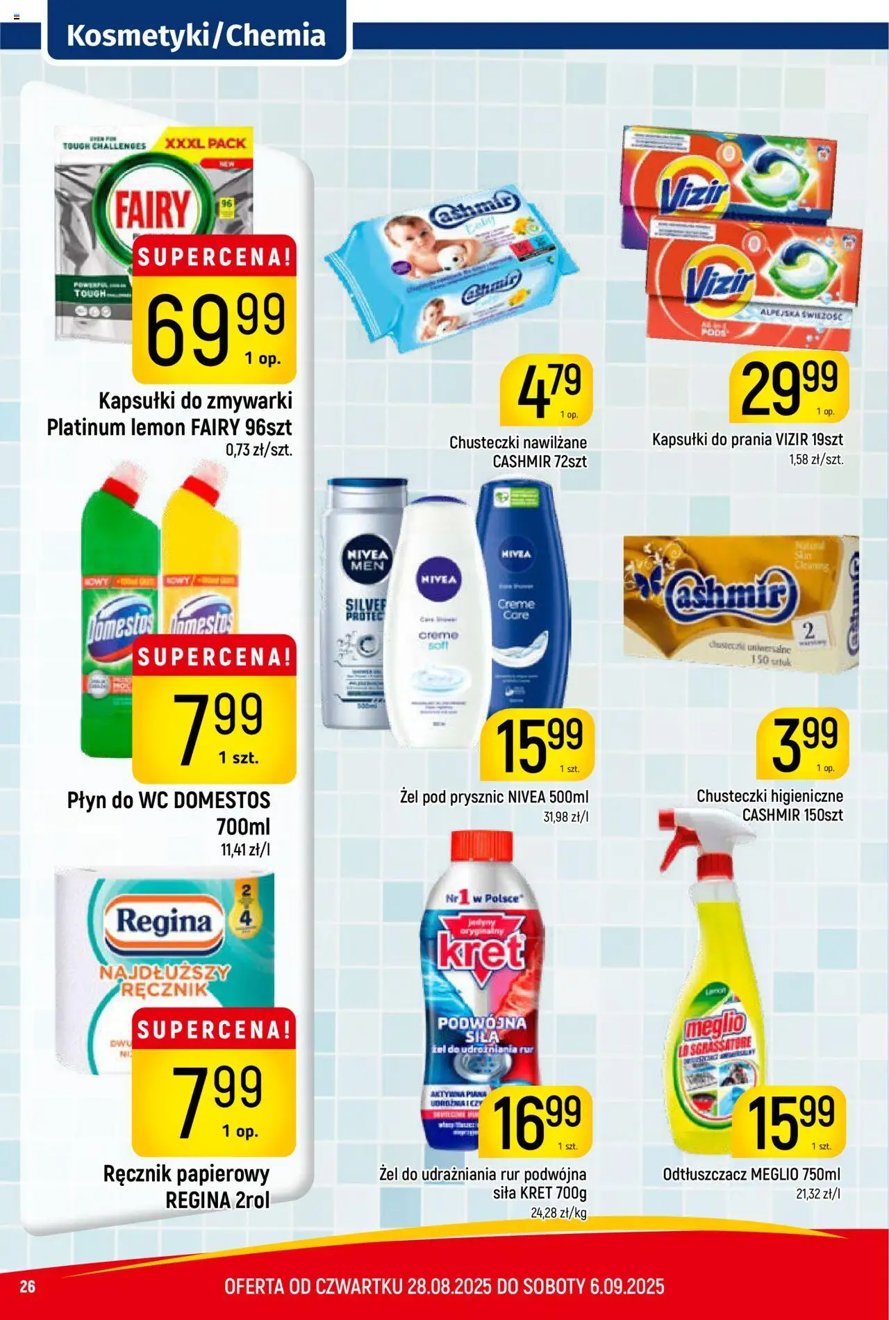Piotruś Pan Gazetka od 28.08.2025 | Strona: 26 | Produkty: Kapsułki do prania Vizir, Kapsułki do prania, Fairy, Płyn do WC Domestos