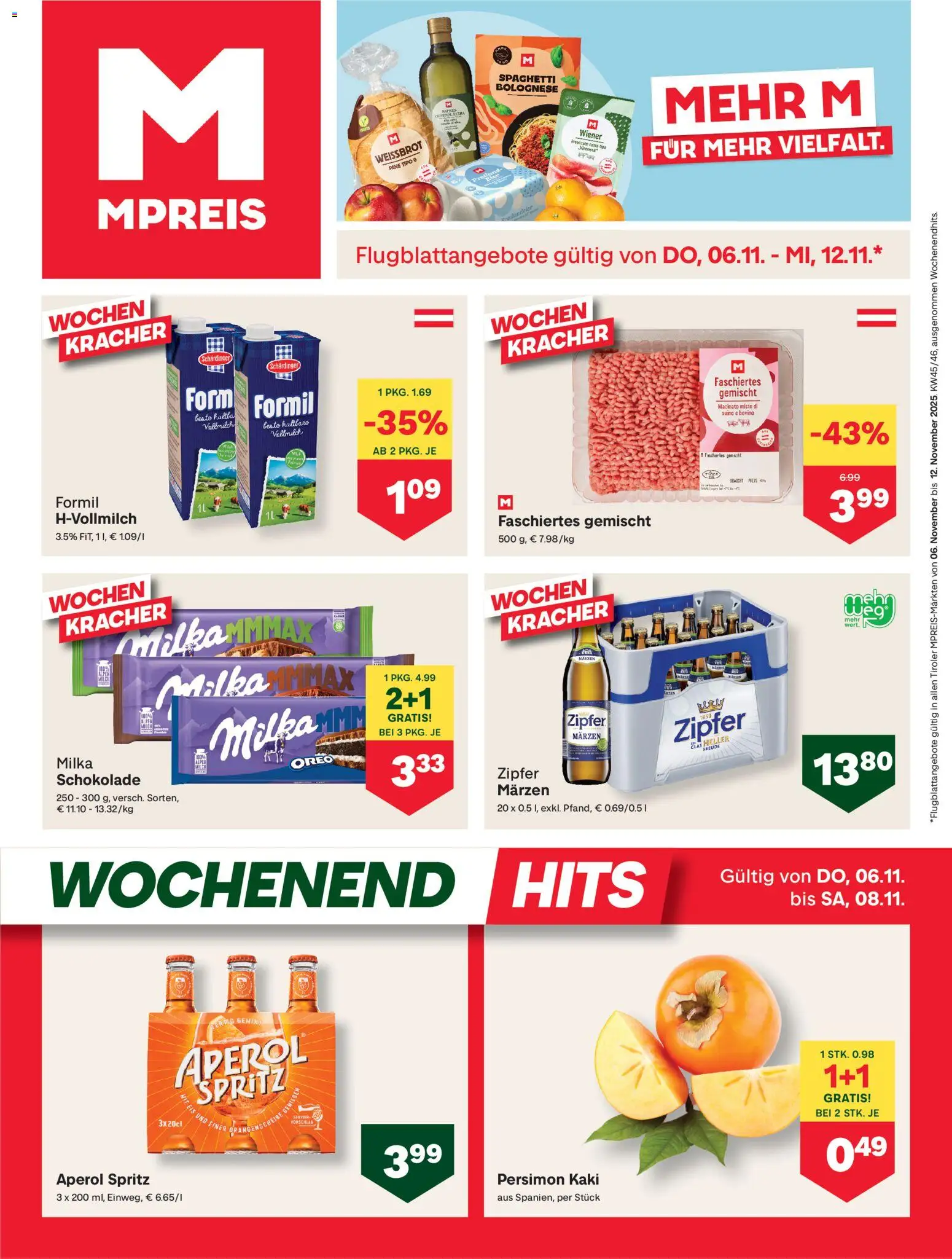 MPREIS Flugblatt gültig ab 06.11.2025 | Seite: 1 | Produkte: Eis, Kaki, Hajdina liszt, Schokolade