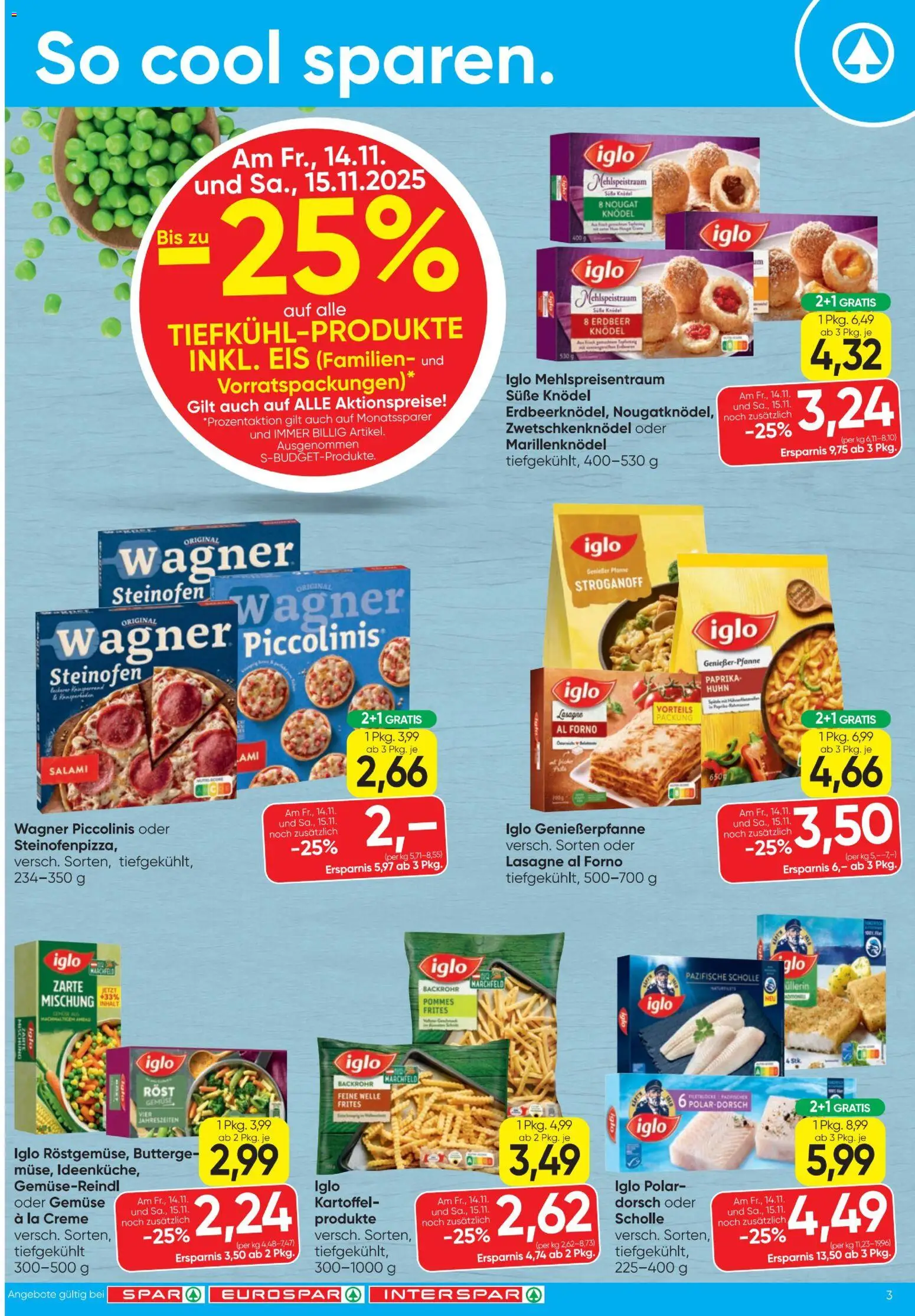 Spar Flugblatt gültig ab 13.11.2025 | Seite: 3 | Produkte: Eis, Gemüse, Creme, Salami