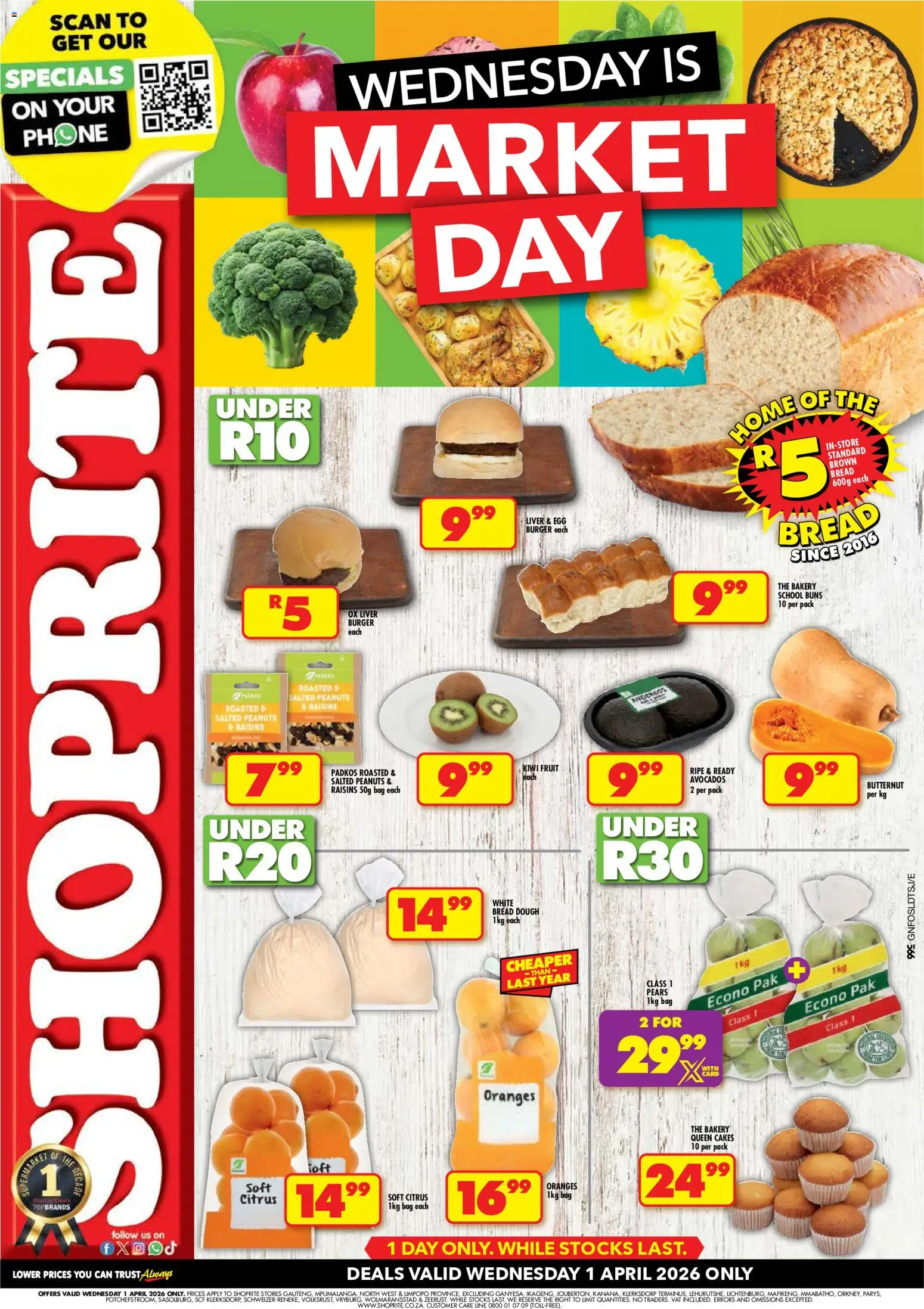 New Shoprite catalogue – valid from 01.04.2026 | Page: 1 | Products: Buns, Touca de banho, Kiwi, Avocados