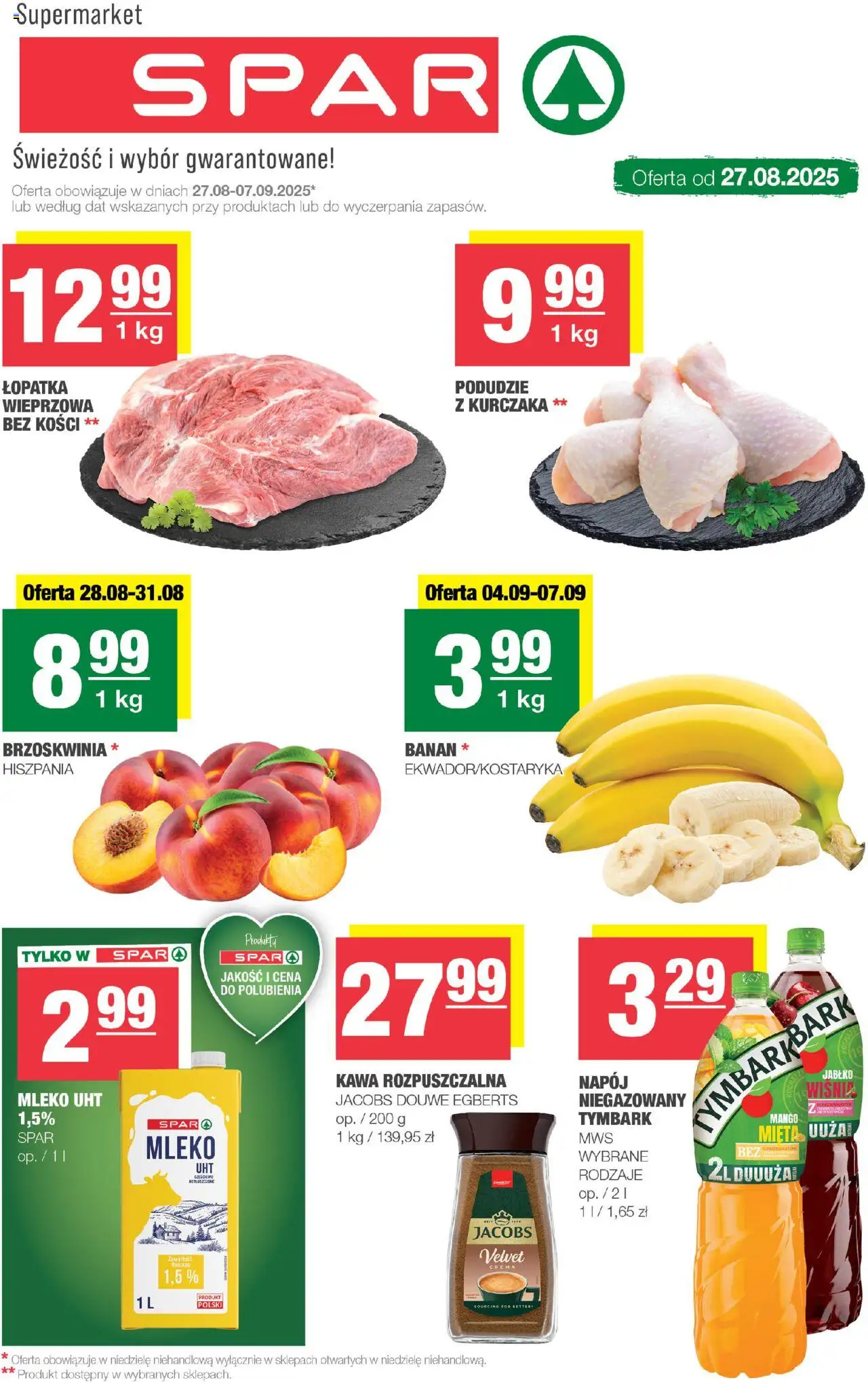 Spar Gazetka od 27.08.2025 | Strona: 1 | Produkty: Kawa rozpuszczalna, Mleko, Kawa, Banan