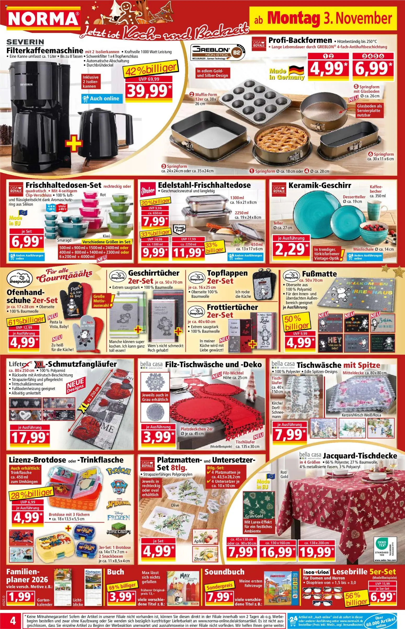 Norma Prospekt 	 – gültig ab 03.11.2025 | Seite: 4 | Produkte: Küche, Fußmatte, Pasta, Filterkaffeemaschine