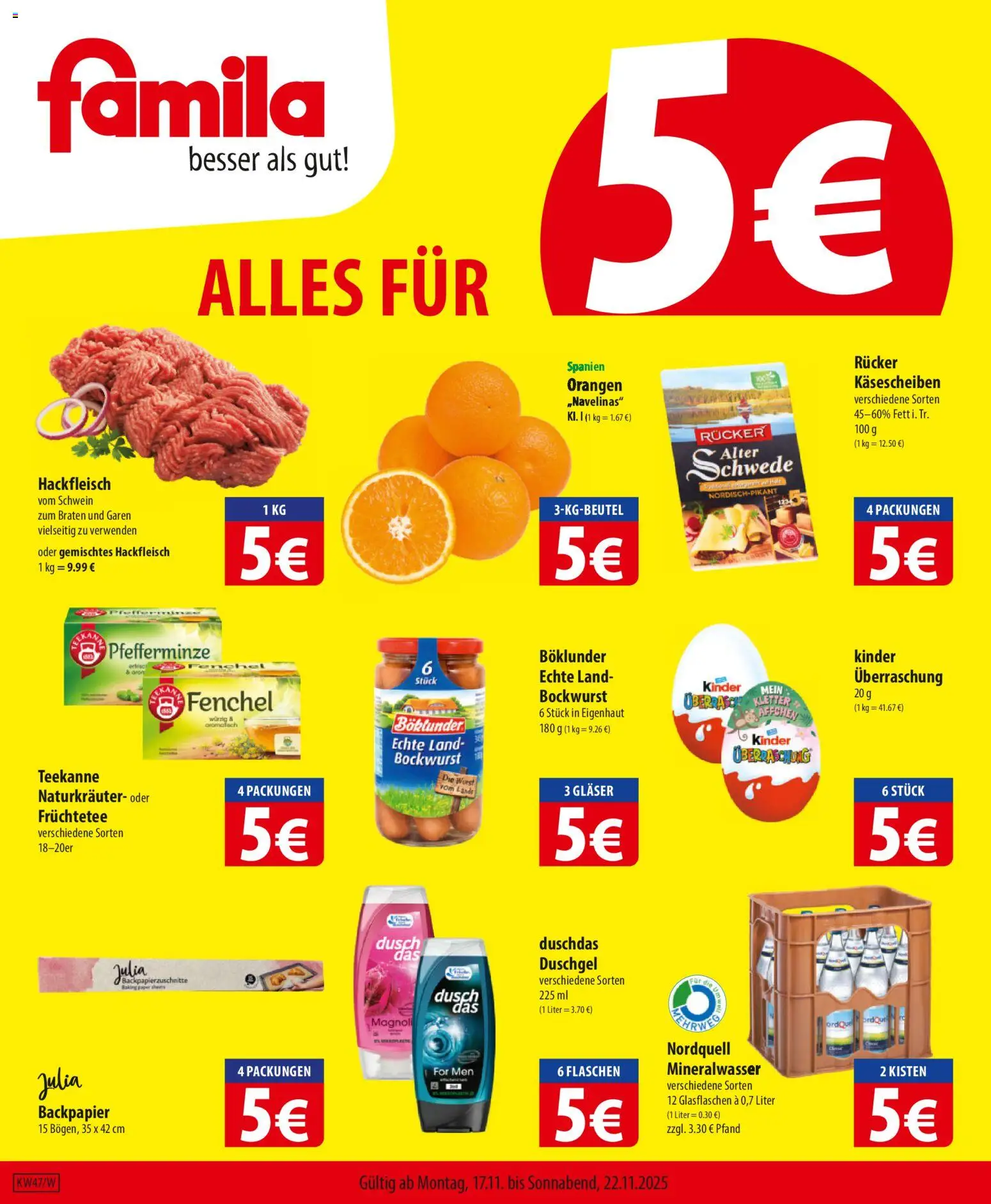 Famila Prospekt 	 – gültig ab 17.11.2025 | Seite: 1 | Produkte: Bockwurst, Duschgel, Duschdas, Teekanne