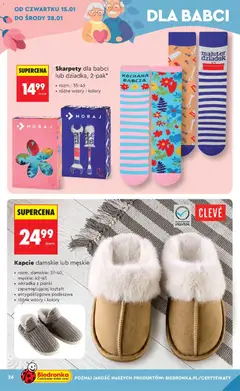 Pogląd oferty "Kapcie damskie lub męskie, Kapcie damskie lub męskie, rozmiary damskie: 37-40, męskie: 42-45, wkładka z pianki zapamiętującej kształt, antypoślizgowa podeszwa, różne wzory i kolory." - ważna od 10.01.2026 | Strona: 28 | Produkty: Skarpety, Kapcie, Pianki