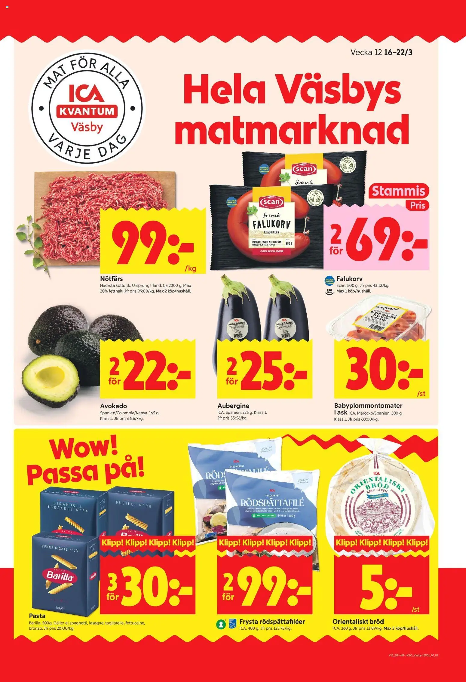 ICA Kvantum reklamblad aktuell från 16.03.2026 | Sida: 1 | Produkter: Falukorv, Bröd, Pasta, Aubergine