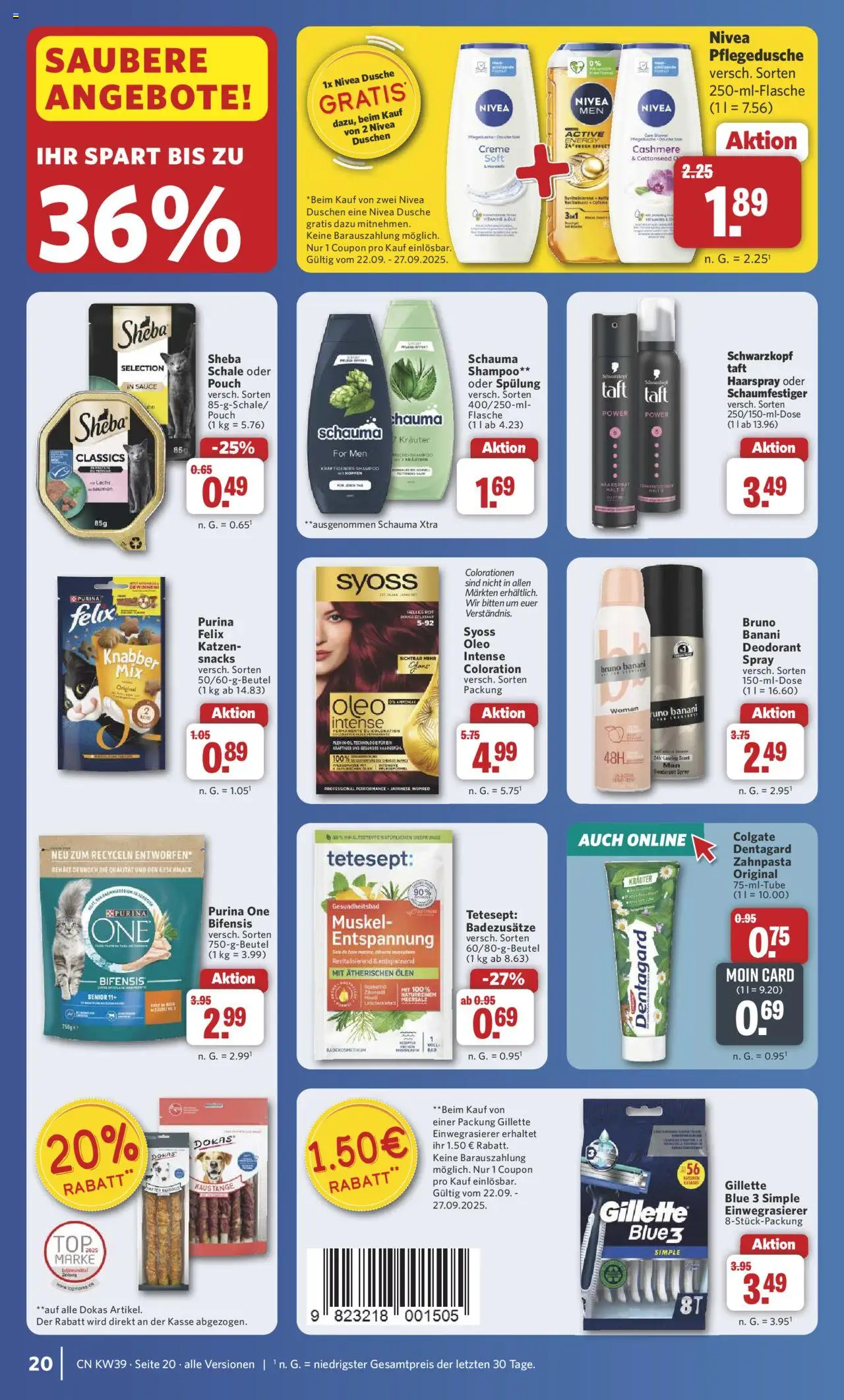 Combi Prospekt 	 – gültig ab 22.09.2025 | Seite: 25 | Produkte: Purina one, Dusche, Creme, Zahnpasta