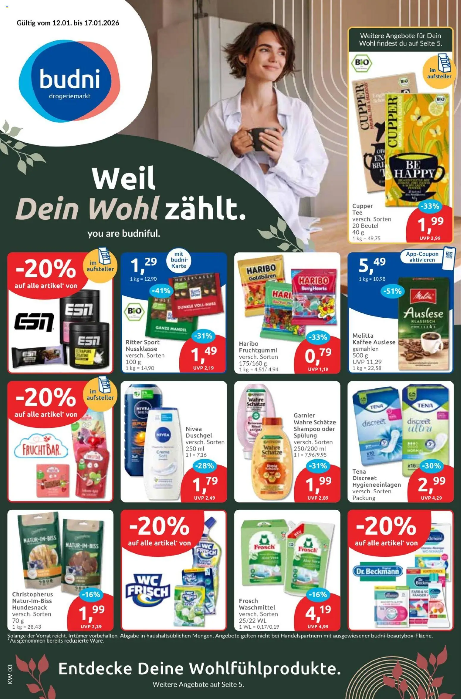 Budni Prospekt – gültig ab 12.01.2026 | Seite: 1 | Produkte: Melitta, Haribo, Kaffee, Shampoo