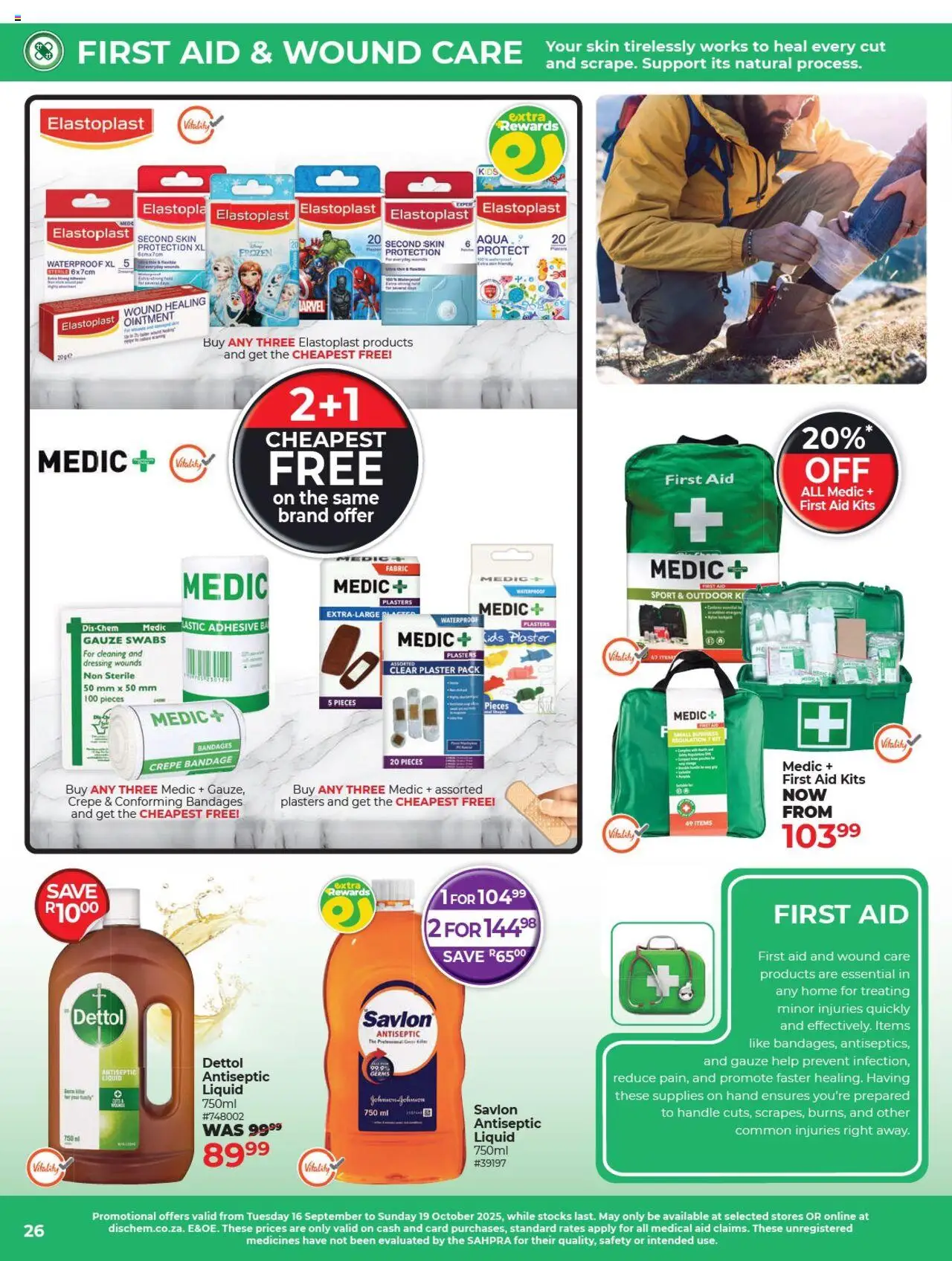 New Dis-Chem catalogue – valid from 16.09.2025 | Page: 26 | Products: Antiseptic liquid, Adhesive, Dressing, Plaster