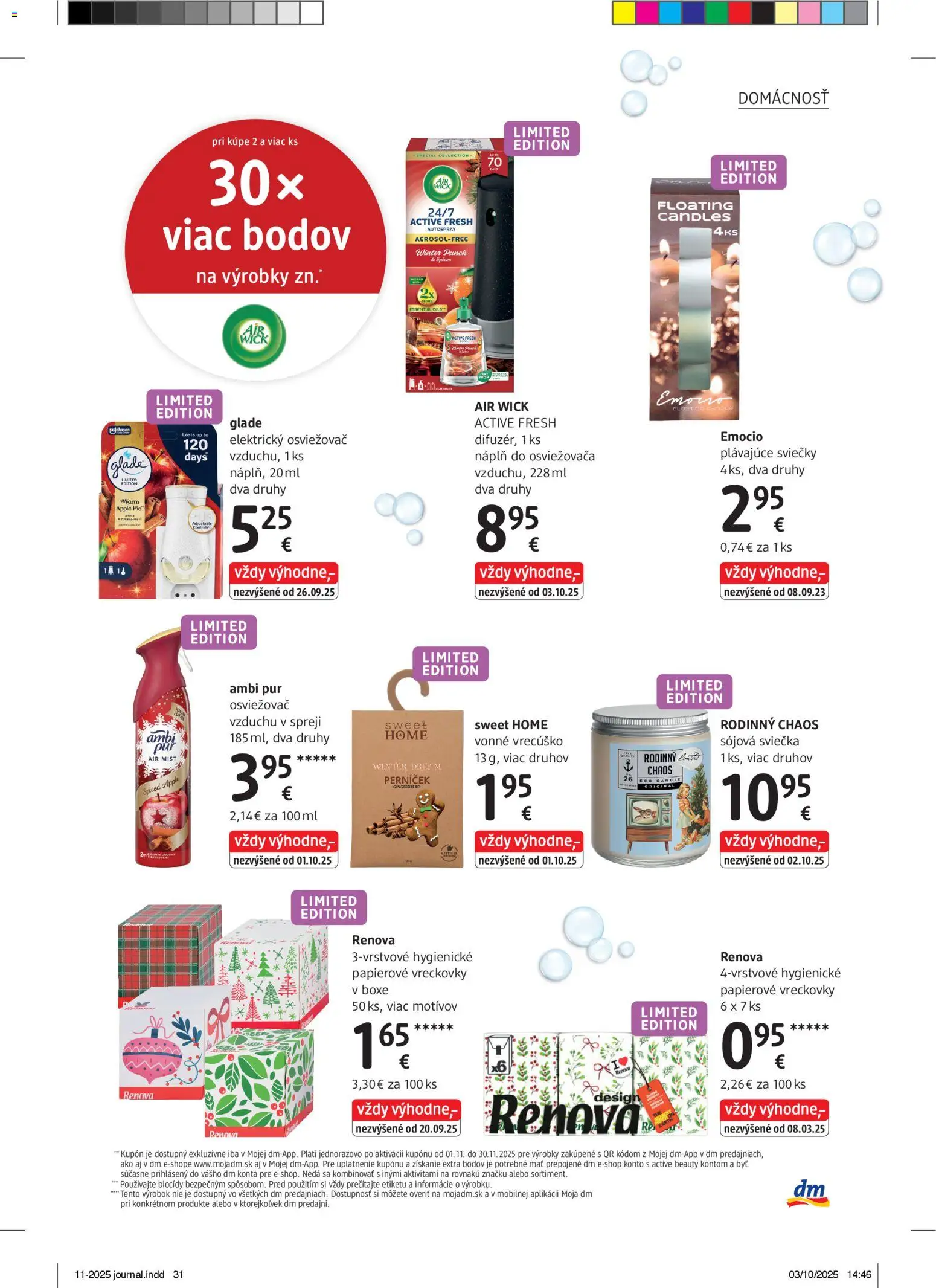 Nové dm drogerie akcie – leták je platný od 01.11.2025 | Strana: 31 | Produkty: Osviežovač vzduchu, Apple, Sviečky