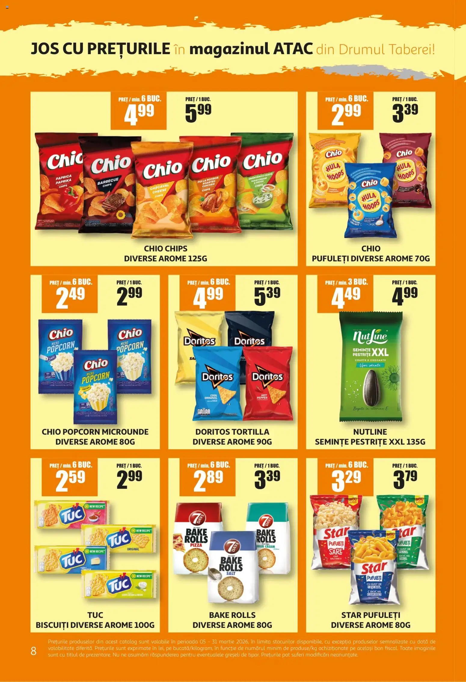 Noul catalog ATAC – valabil de la 05.03.2026 | Pagină: 8 | Produse: Pufuleți, Smântână, Biscuiți, Sare