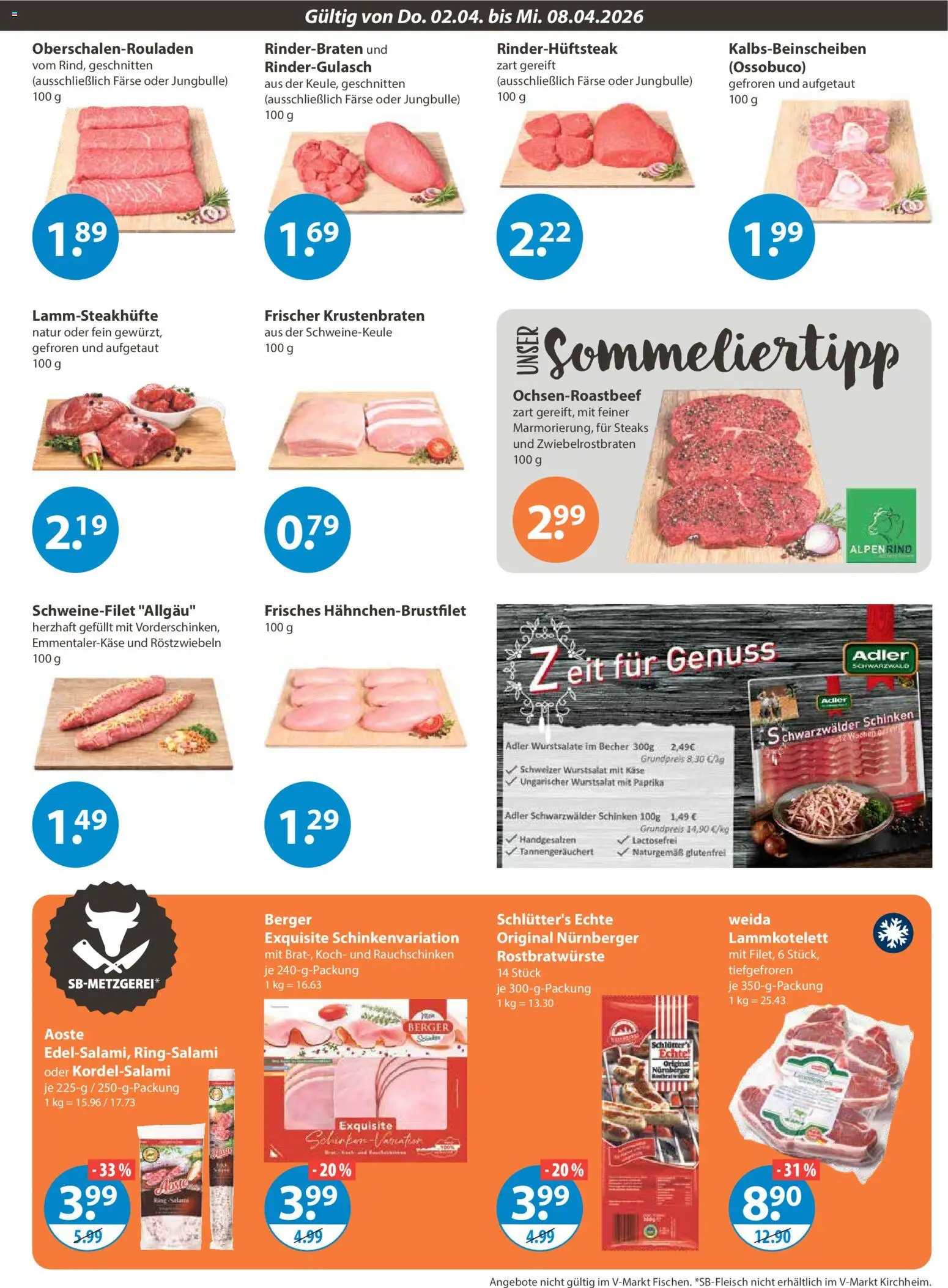 V-Markt Schwaben / Oberbayern – gültig ab 02.04.2026 | Seite: 3 | Produkte: Rinderbraten, Rindergulasch, Krustenbraten, Schinken