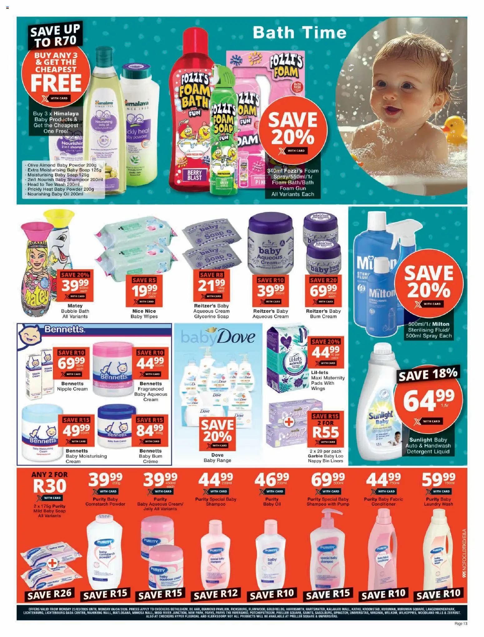 New Checkers catalogue – valid from 23.03.2026 | Page: 13 | Products: Bath, Pads, Conditioner, Soap