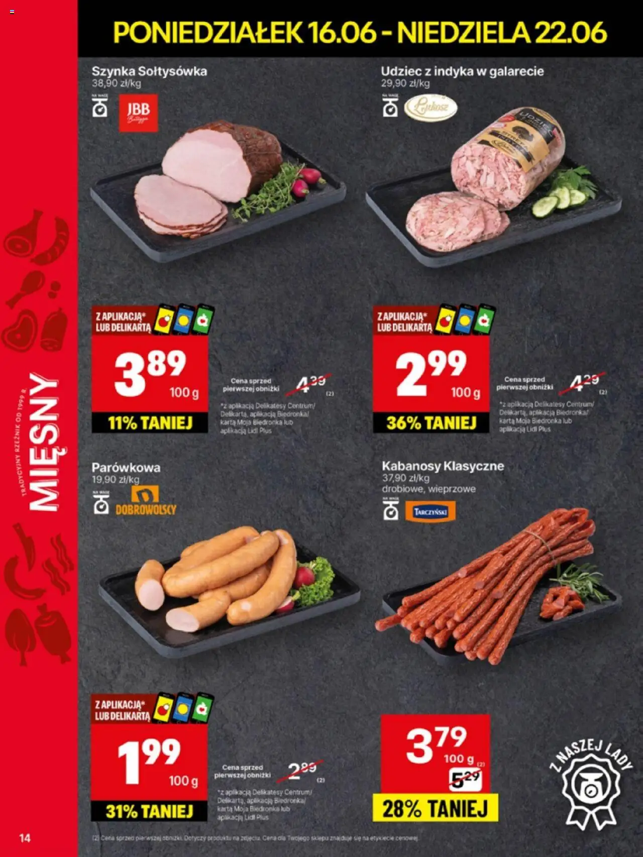 Delikatesy Centrum Gazetka od 16.06.2025 | Strona: 14 | Produkty: Karta, Kabanosy, Szynka, Delikatesy