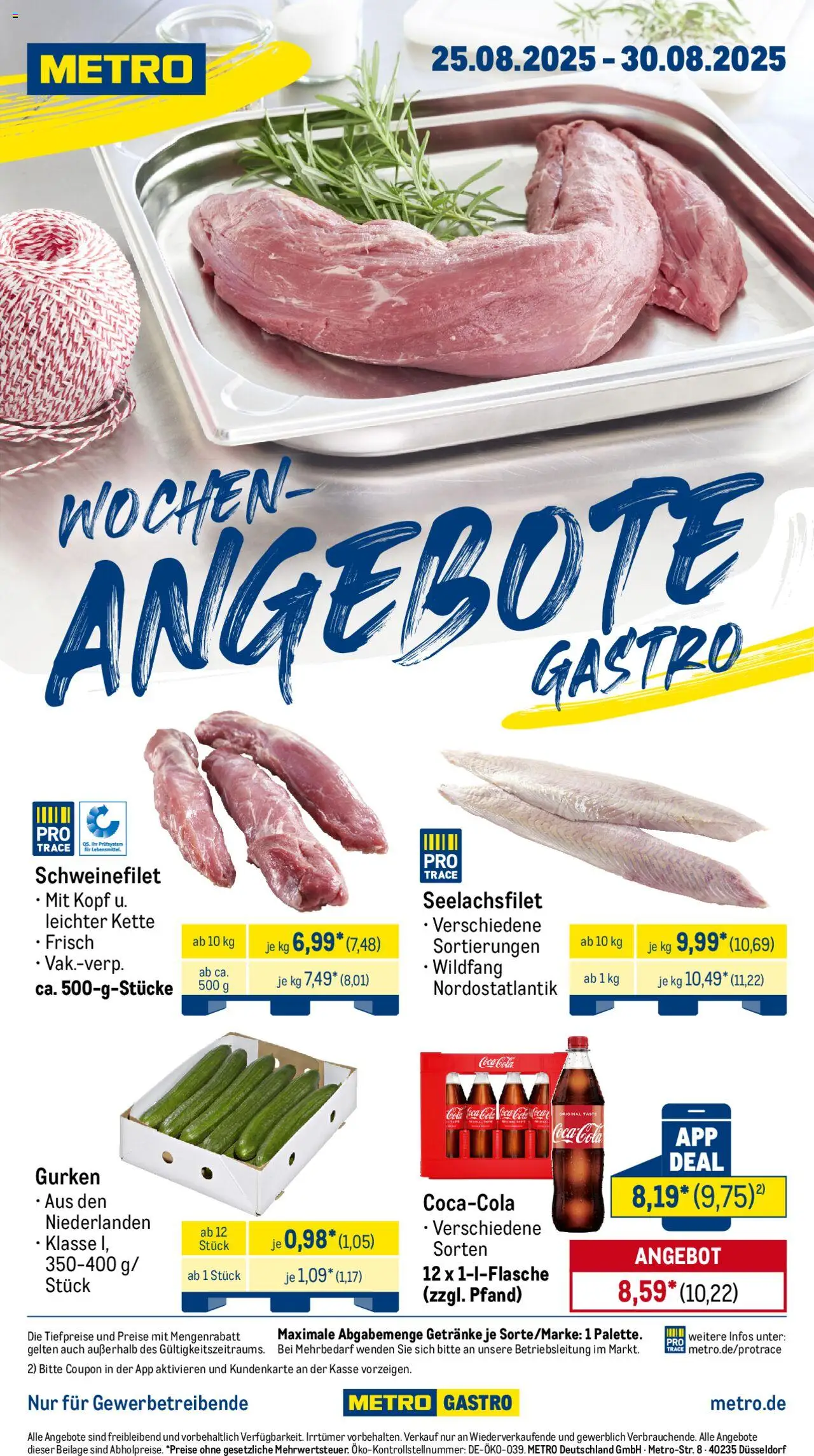 Metro Wochen-Angebote Gastro - gültig ab dem 25.08.2025 | Seite: 1 | Produkte: Coca cola, Cola, Schweinefilet, Gurken