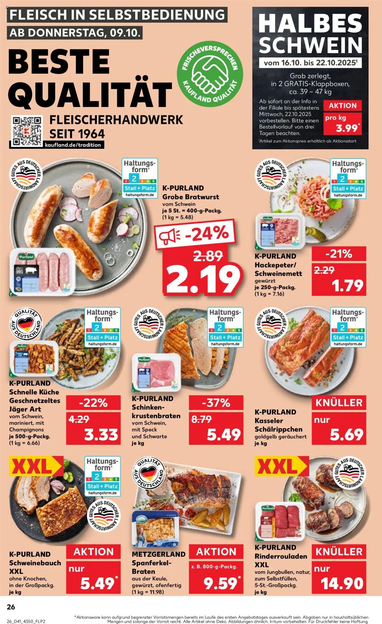Kaufland prospekt Potsdam	 – gültig ab 09.10.2025 | Seite: 26 | Produkte: Bratwurst, Krustenbraten, Champignons, Fleisch